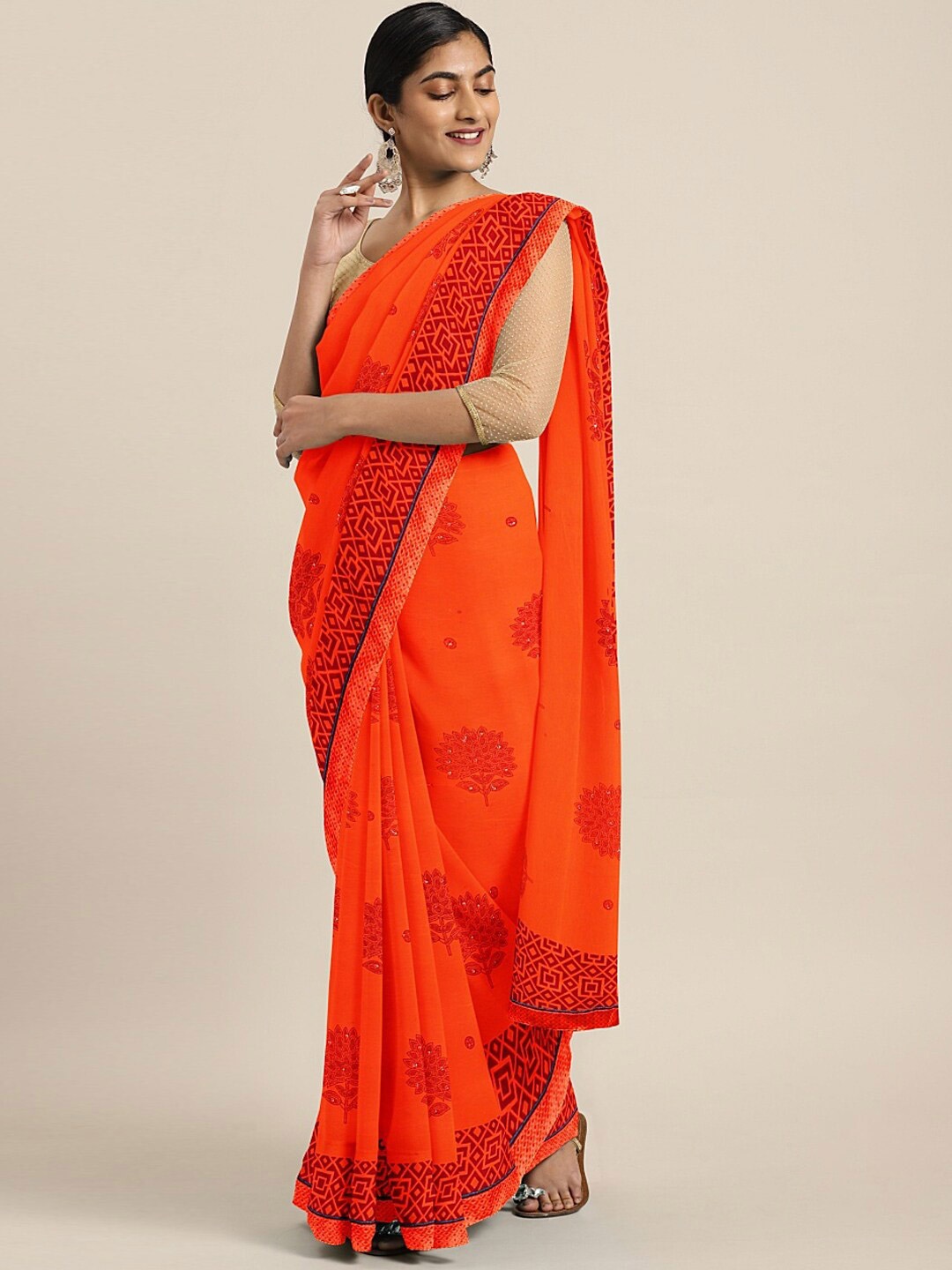 

SHAVYA Orange & Red Floral Embroidered Pure Georgette Saree