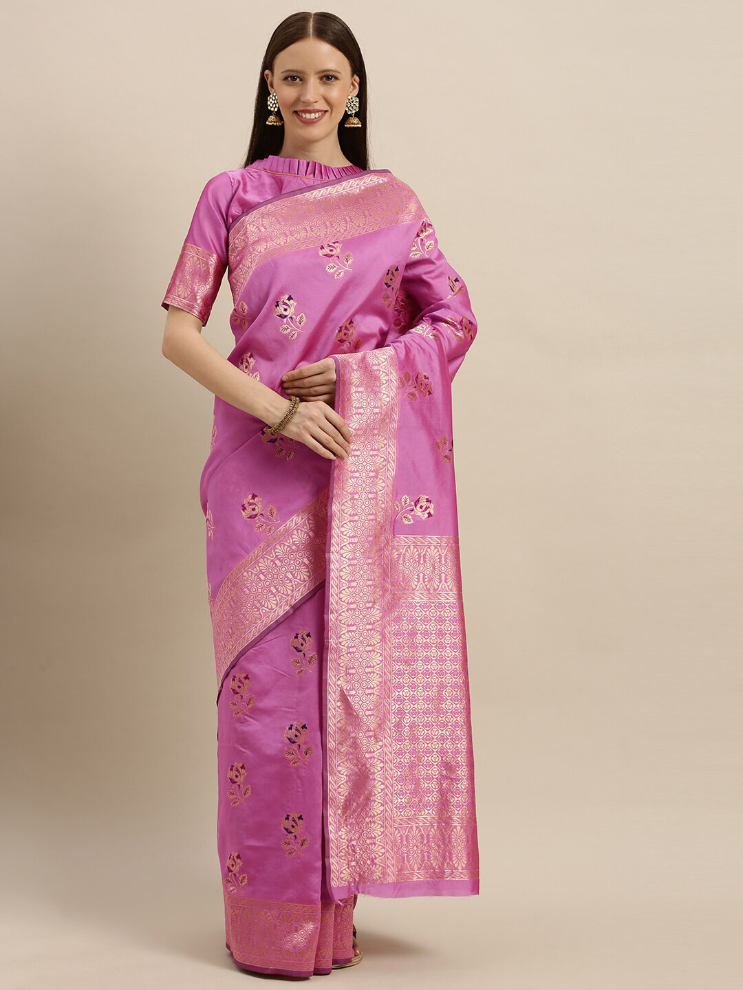 

SHAVYA Pink & Gold-Toned Woven Design Zari Pure Silk Banarasi Saree