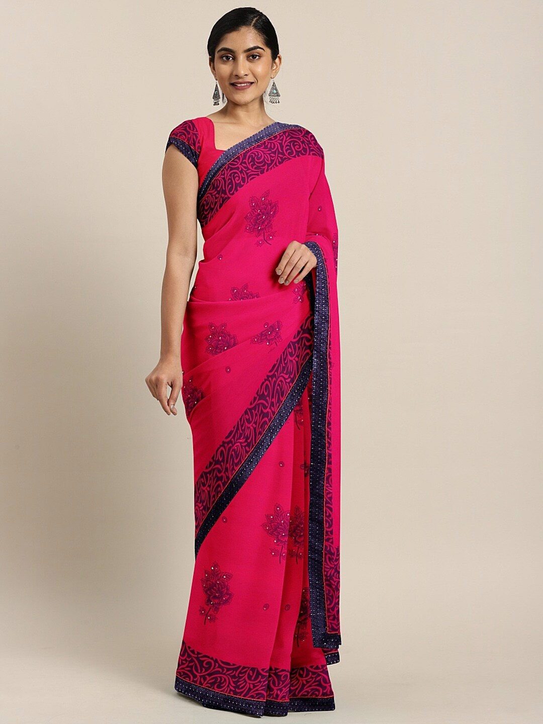 

SHAVYA Pink & Purple Embroidered Pure Georgette Saree