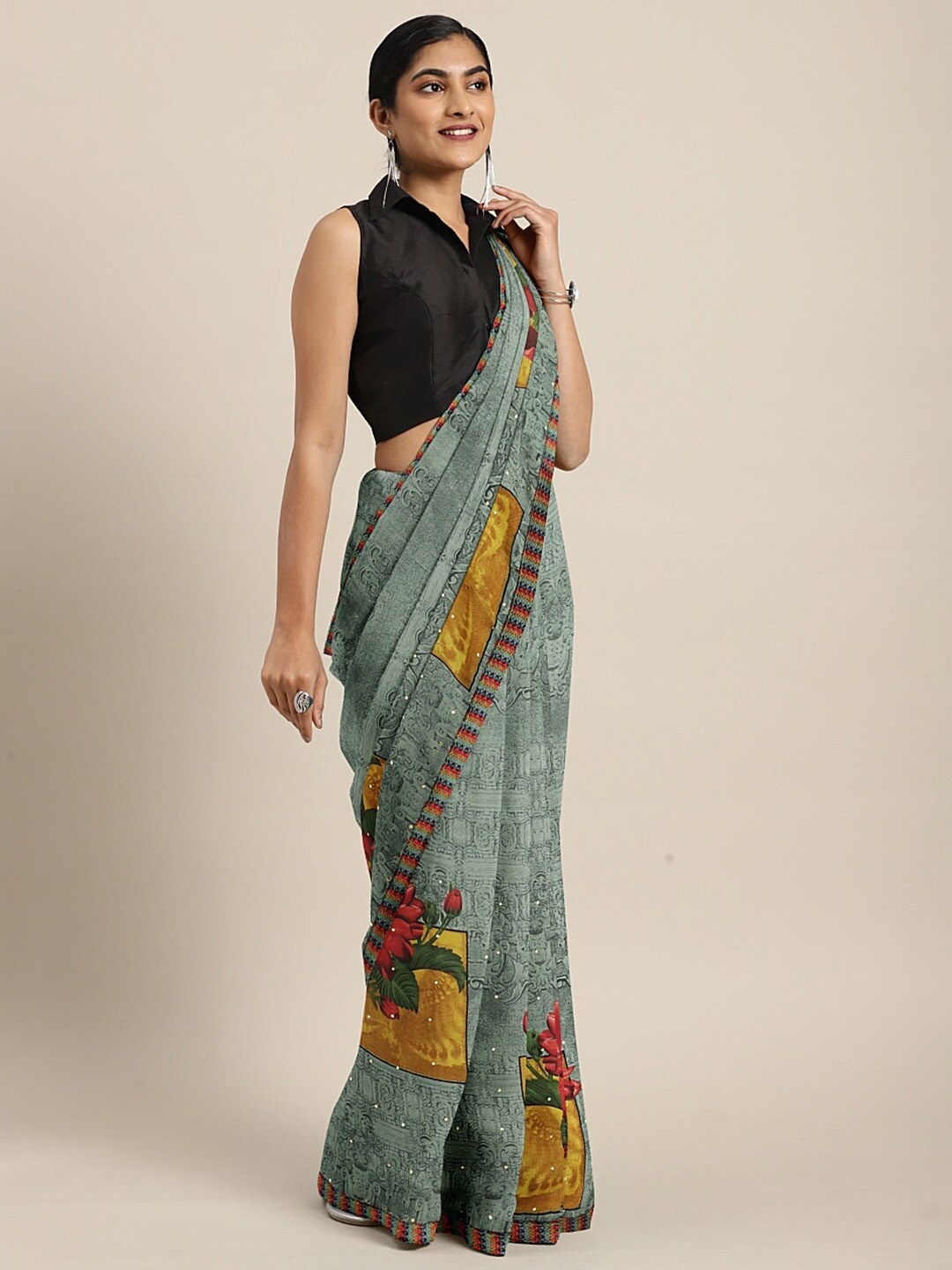 

SHAVYA Teal & Red Floral Embroidered Pure Georgette Saree