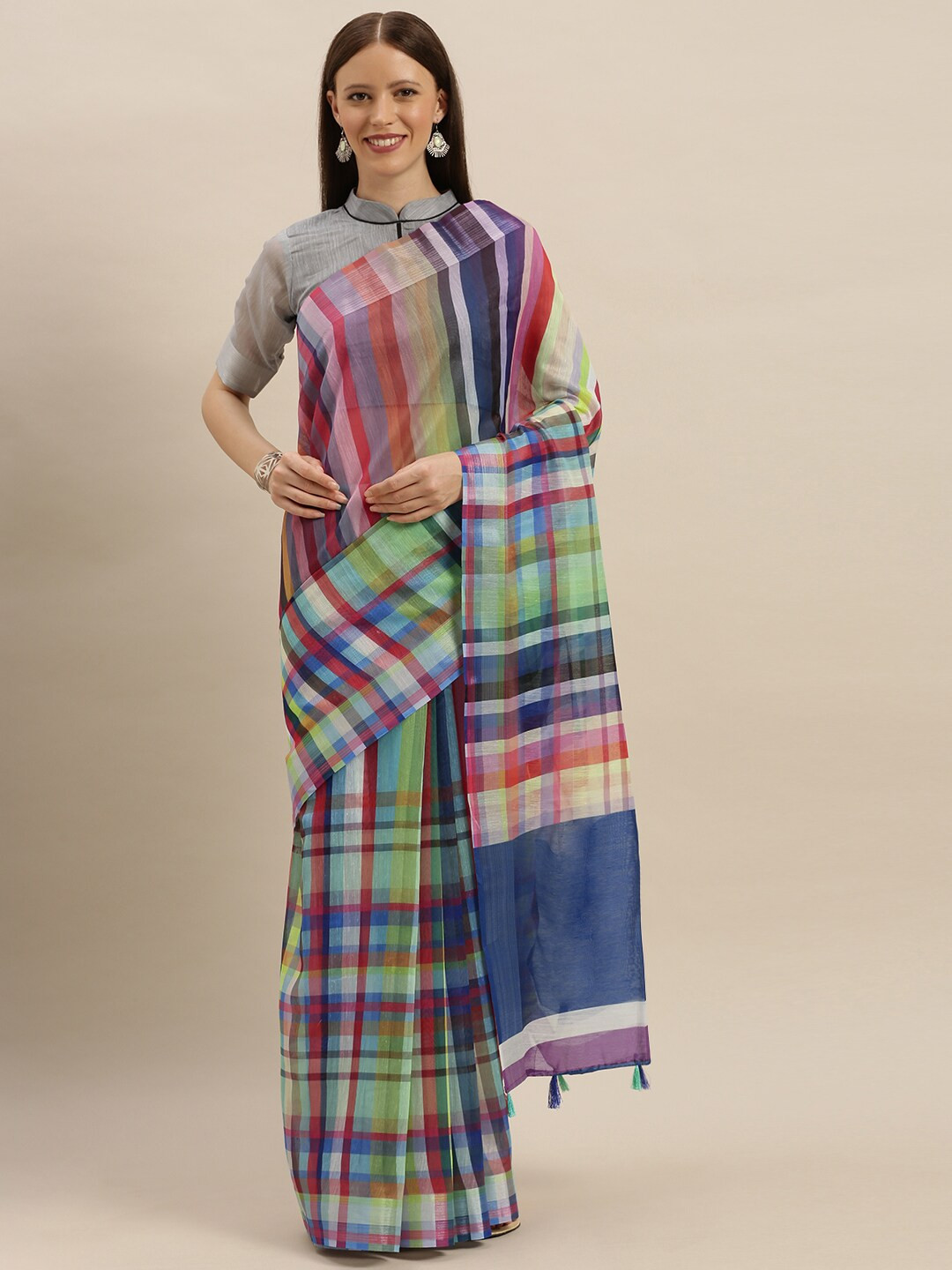 

SHAVYA Blue & Green Striped Zari Pure Linen Saree