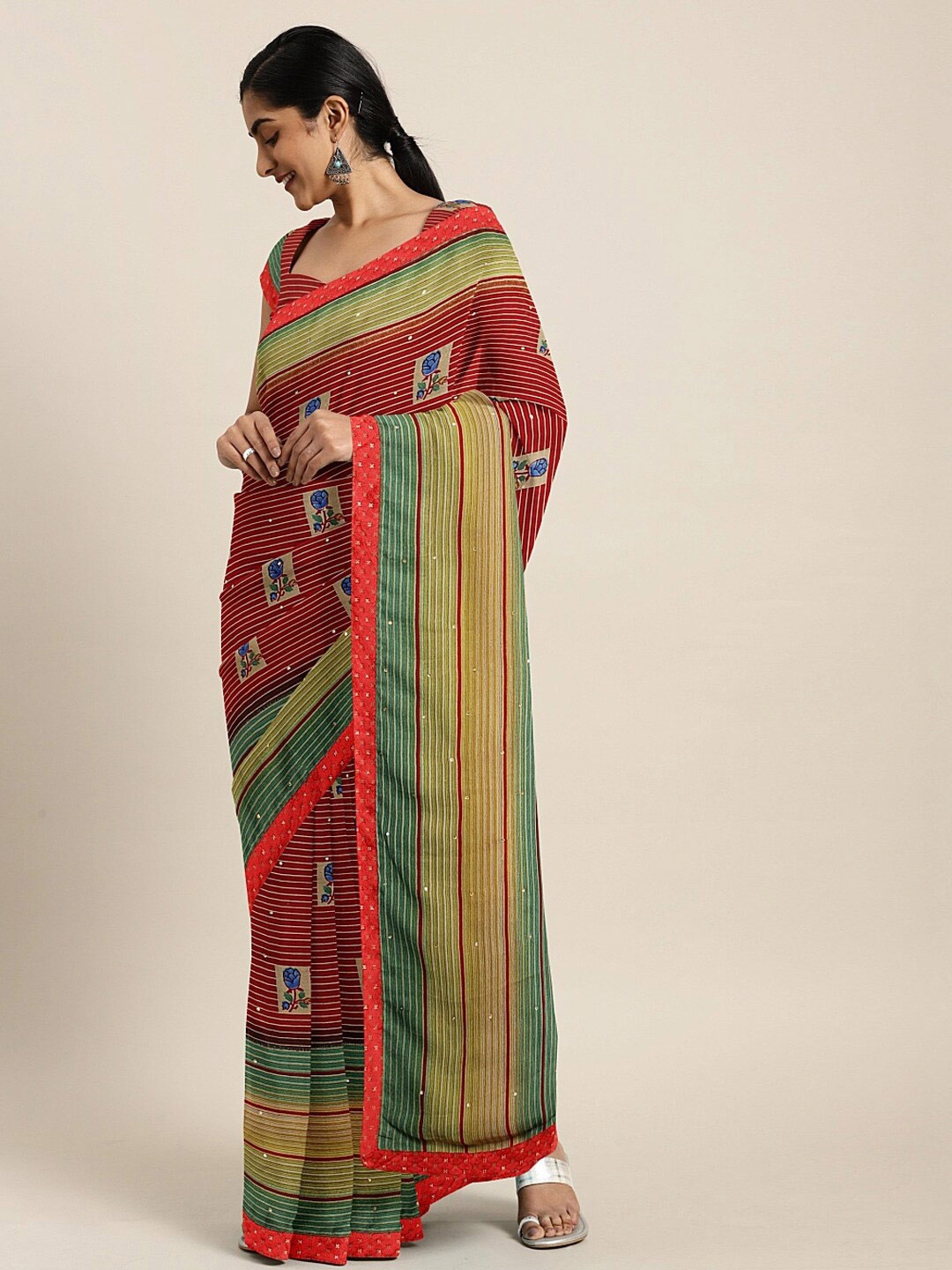 

SHAVYA Red & Green Floral Embroidered Pure Georgette Saree