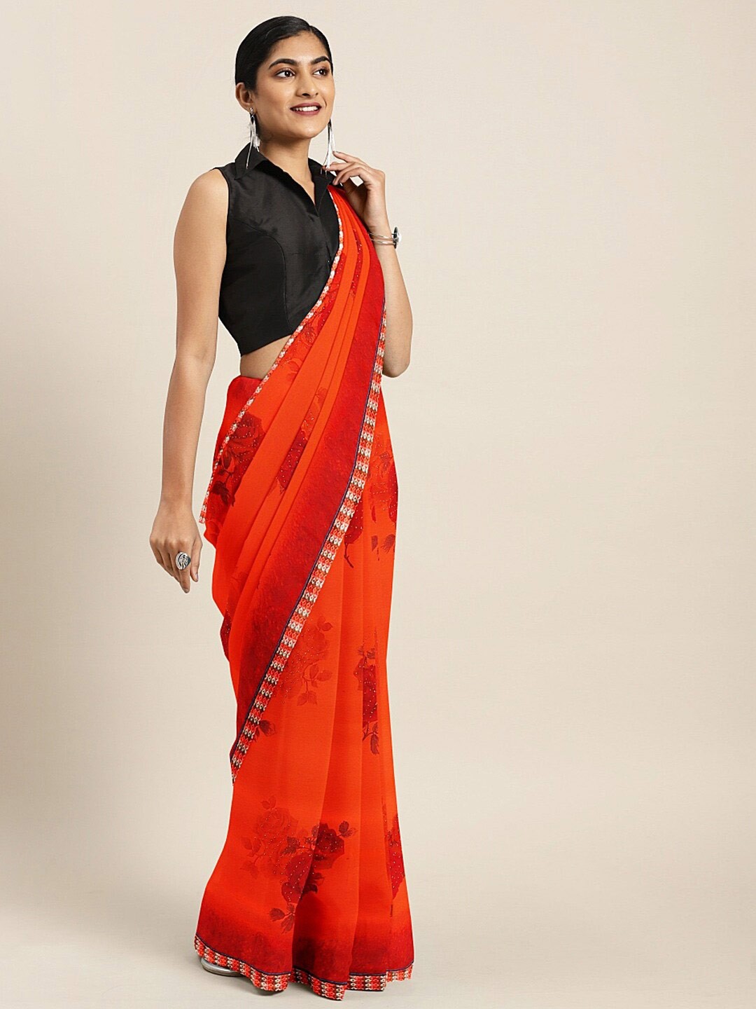 

SHAVYA Orange Floral Embroidered Pure Georgette Saree