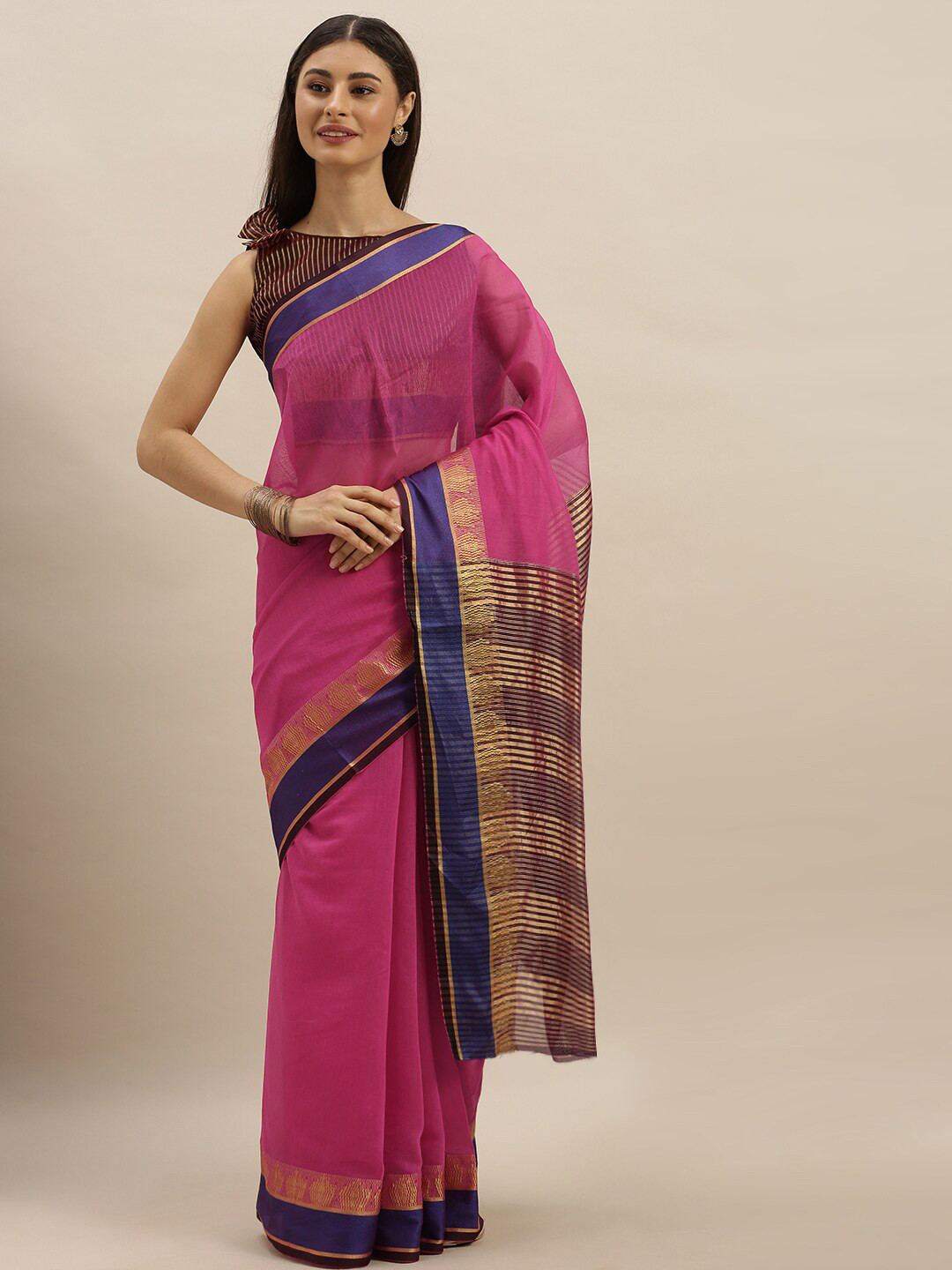 

SHAVYA Pink & Blue Woven Design Pure Cotton Ready to Wear Saree