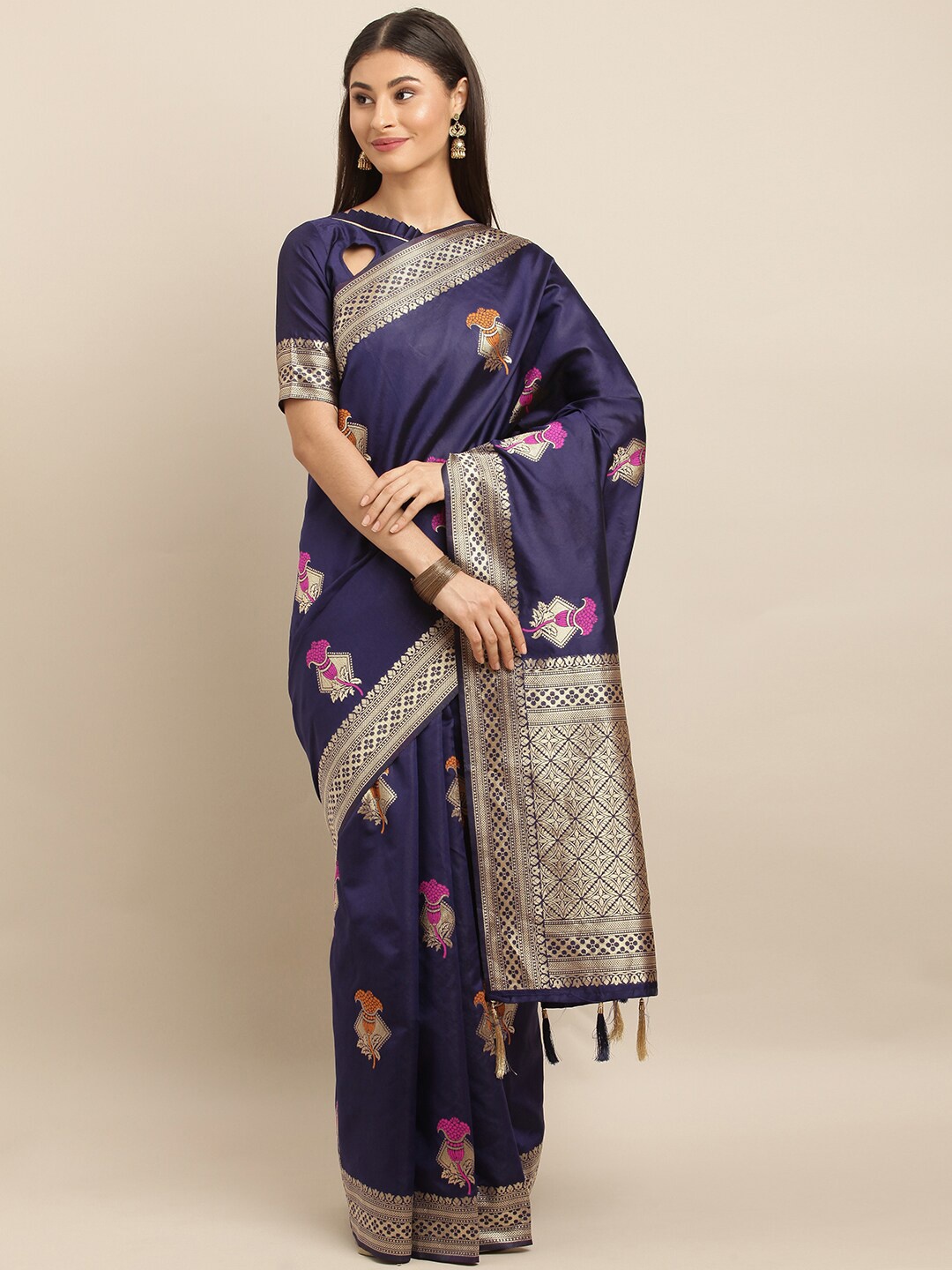 

SHAVYA Blue & Pink Woven Design Zari Silk Blend Banarasi Saree