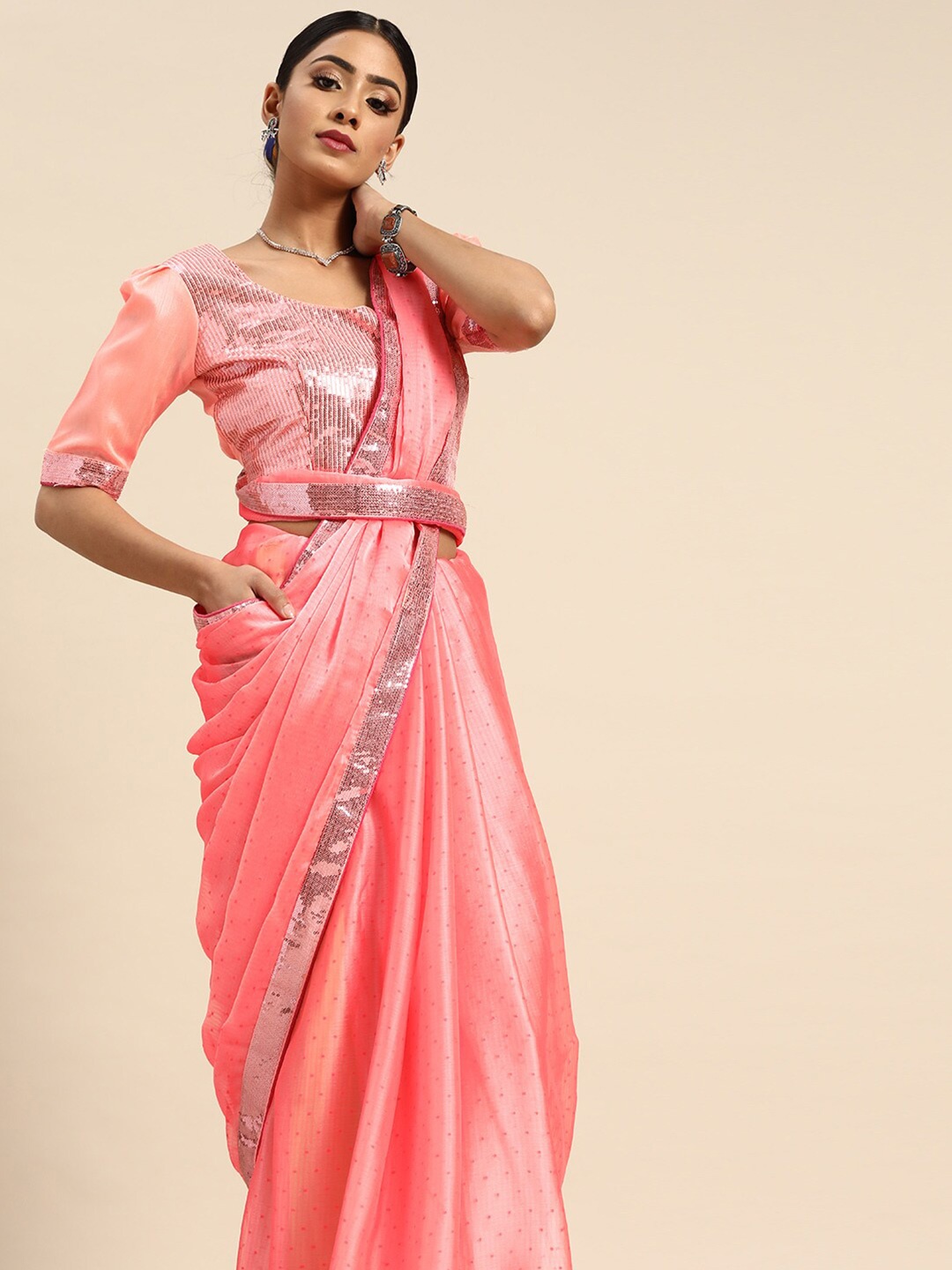 

SHAVYA Rose & Silver-Toned Embellished Sequinned Silk Blend Saree