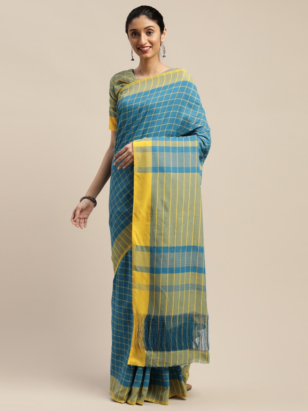 

SHAVYA Turquoise Blue & Yellow Checked Saree