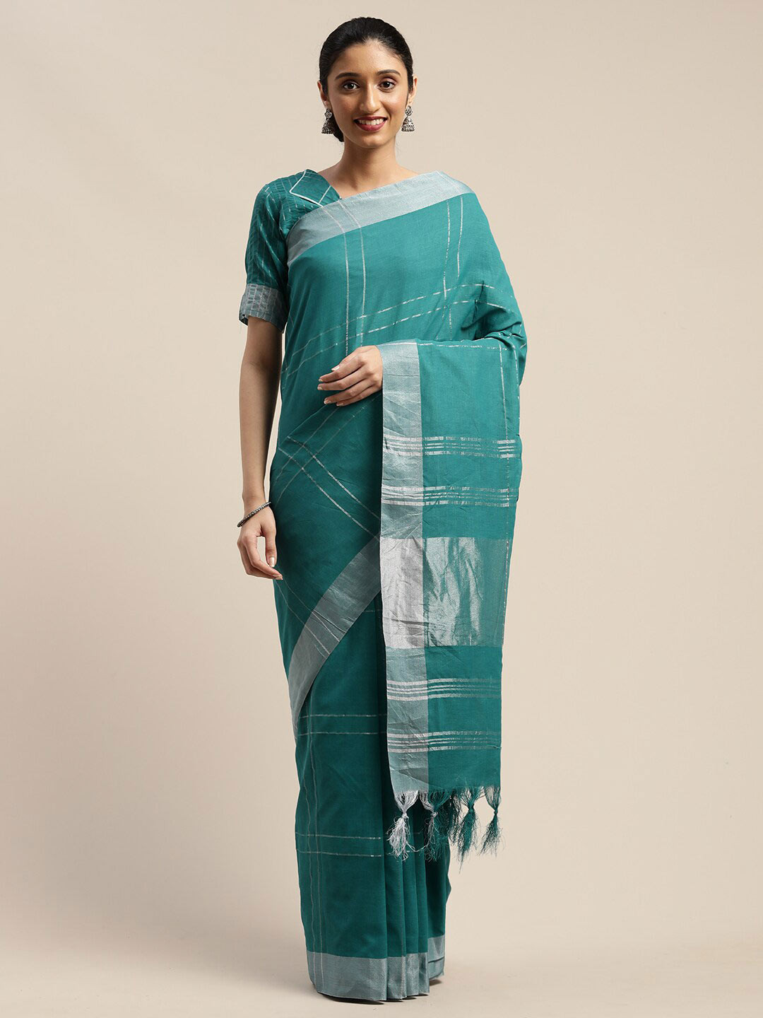 

SHAVYA Turquoise Blue Checked Saree