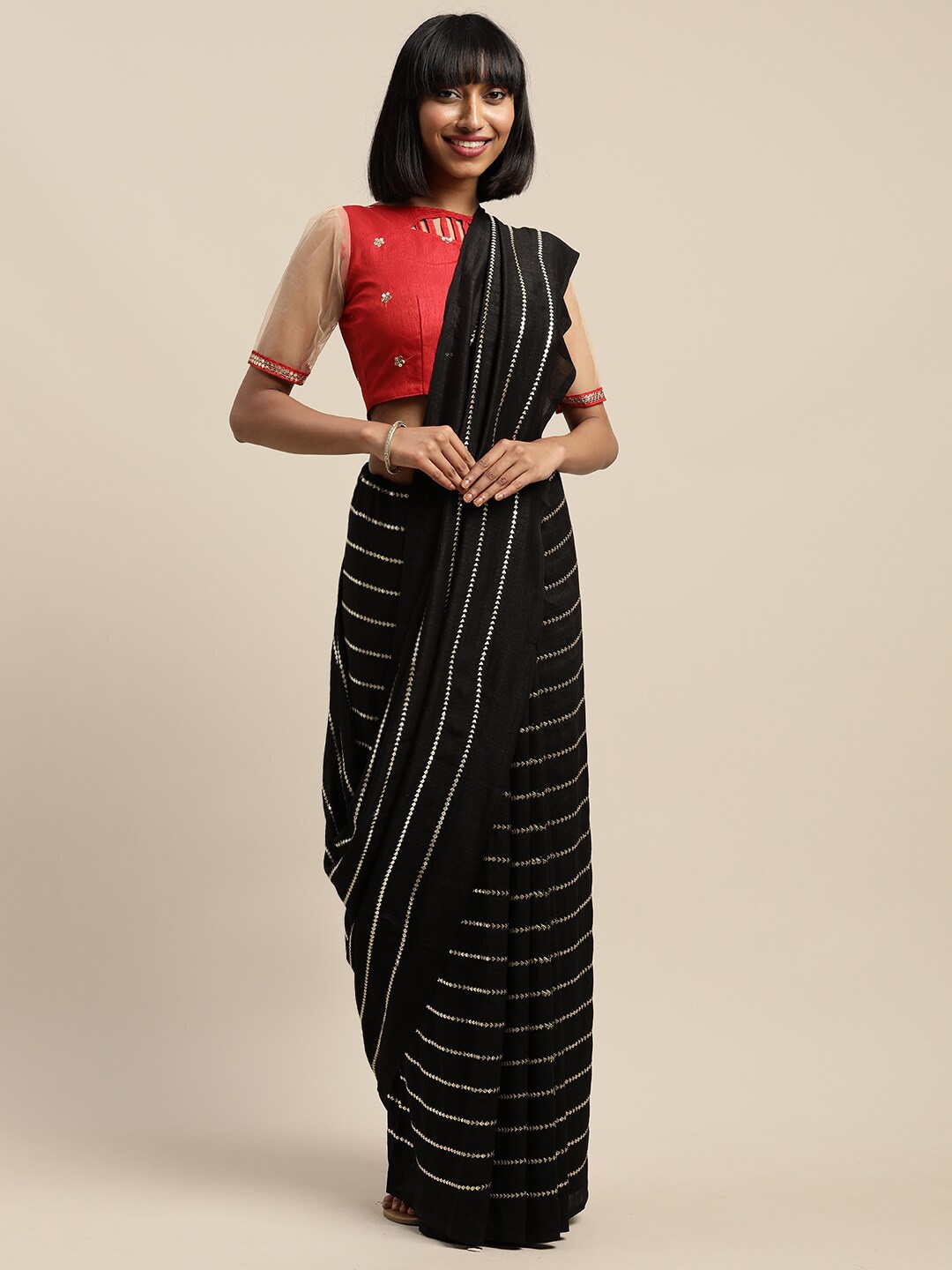 

SHAVYA Black & Silver-Toned Embellished Zari Silk Blend Saree