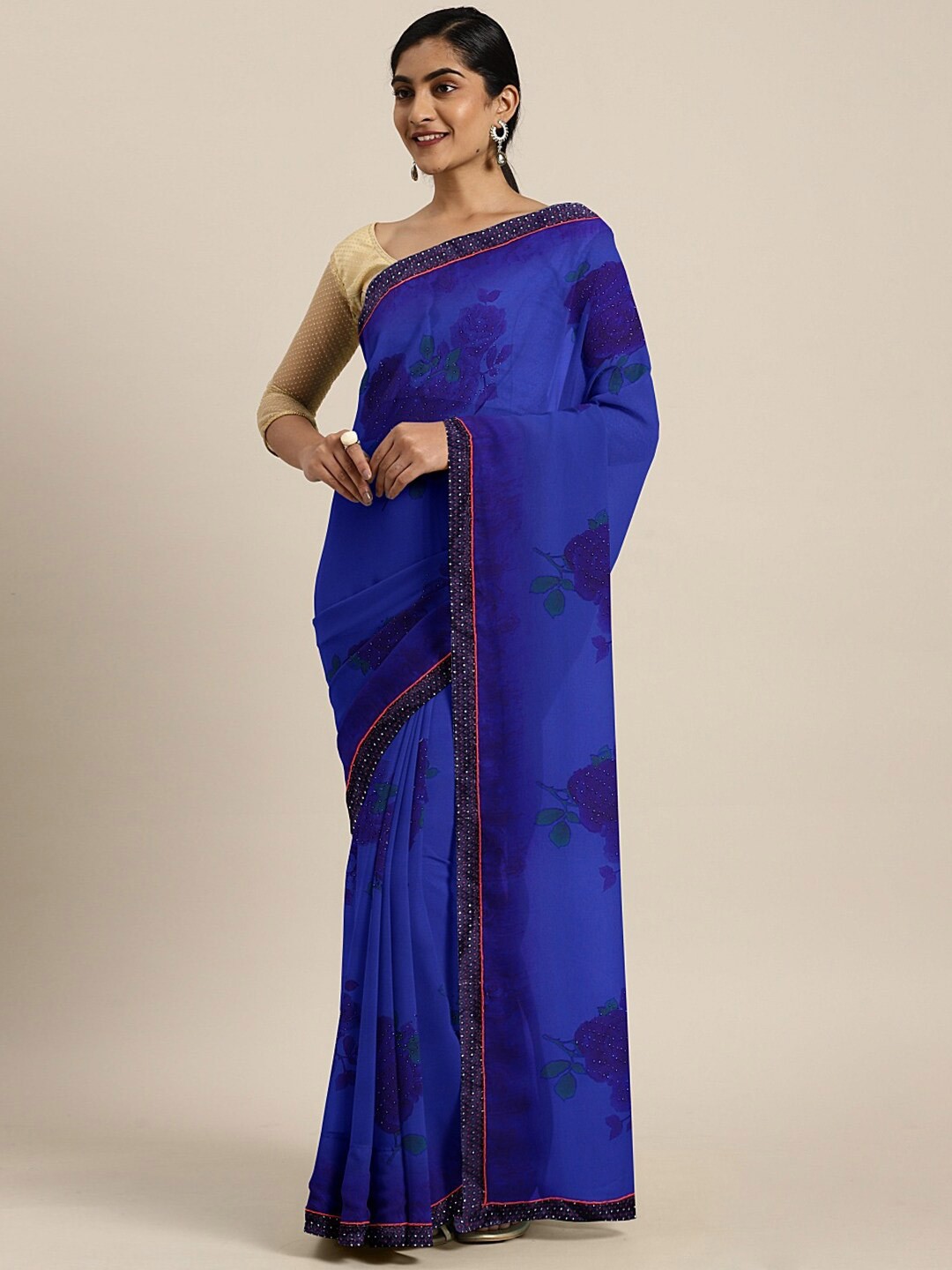 

SHAVYA Blue Floral Embroidered Pure Georgette Saree