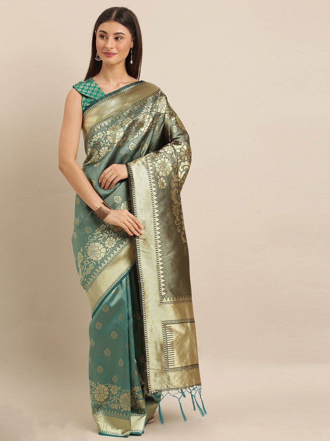 

SHAVYA Green & Gold-Toned Woven Design Zari Pure Silk Banarasi Saree