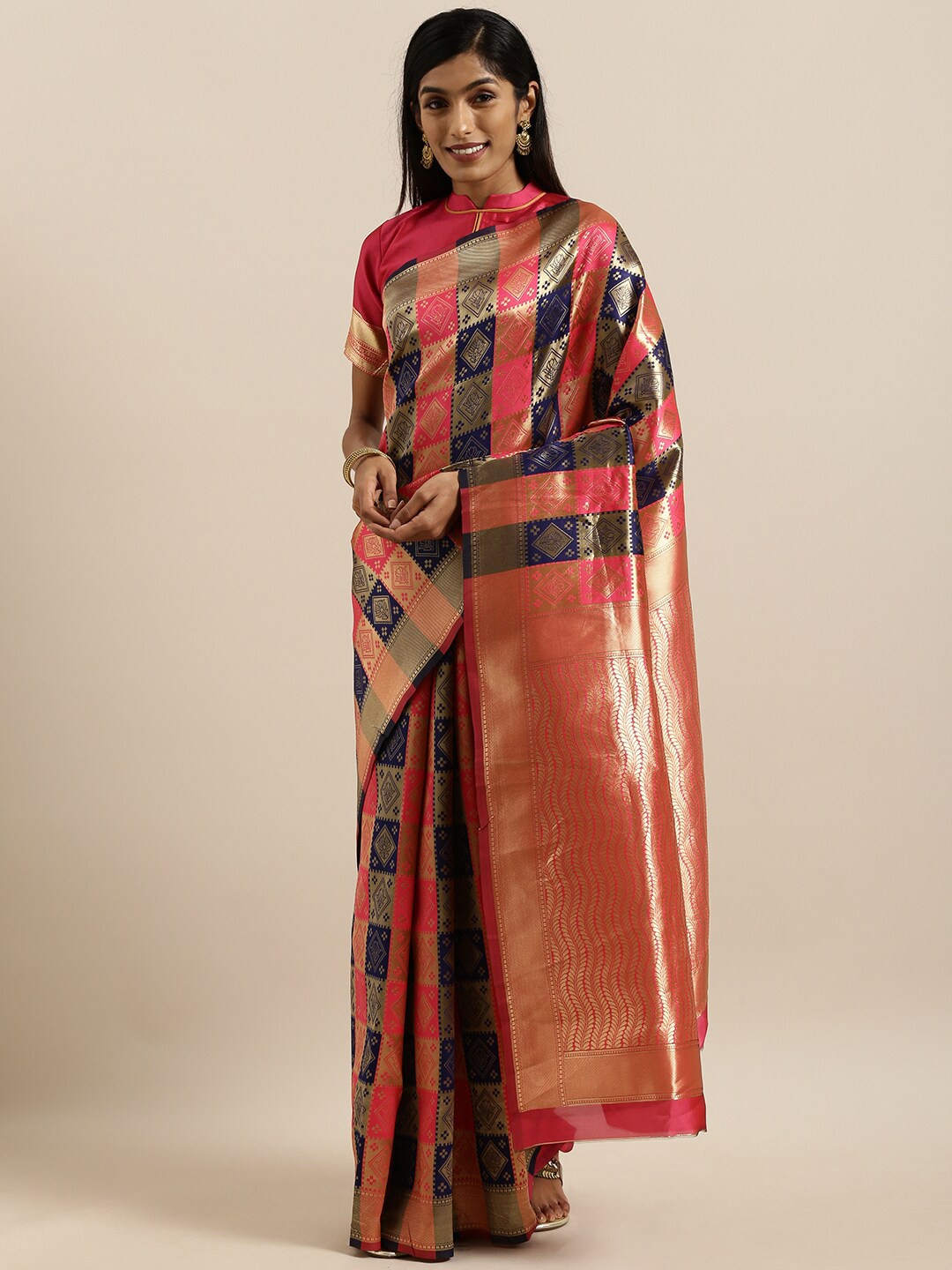 

SHAVYA Blue & Red Woven Design Zari Pure Linen Banarasi Saree