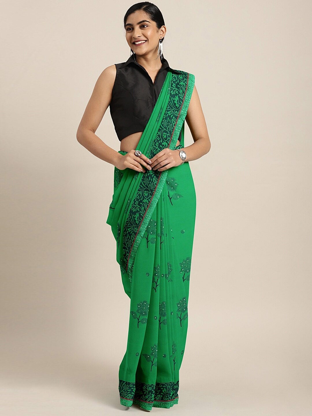 

SHAVYA Green Floral Embroidered Pure Georgette Saree