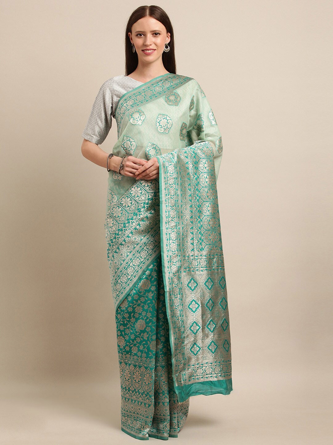 

SHAVYA Green Woven Design Zari Silk Blend Banarasi Saree