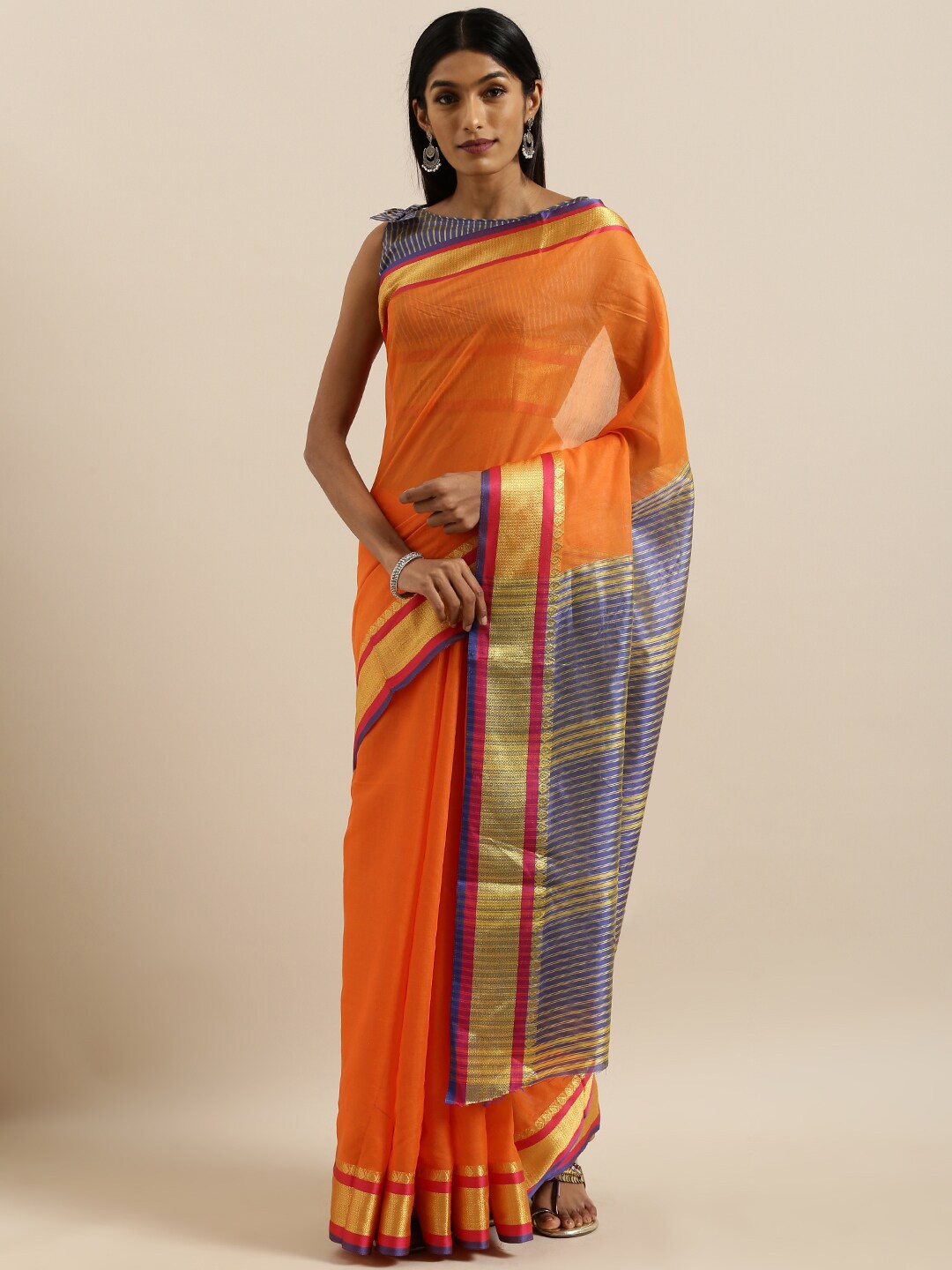 

SHAVYA Orange & Blue Zari Pure Cotton Saree