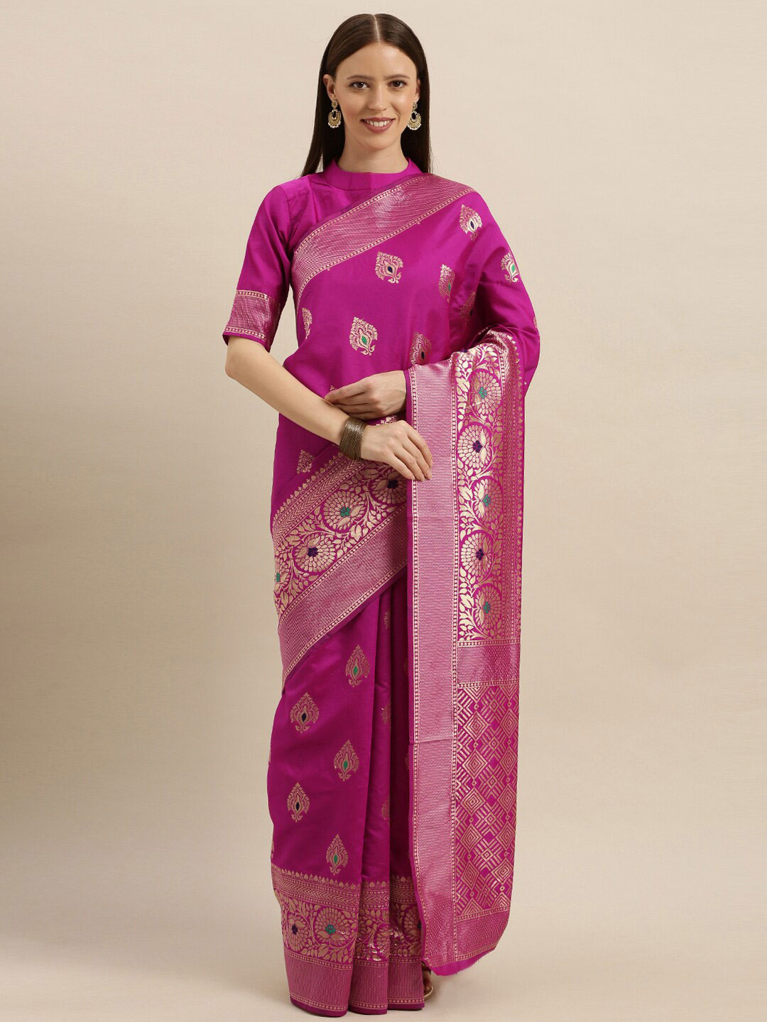 

SHAVYA Pink & Gold-Toned Woven Design Zari Pure Silk Banarasi Saree