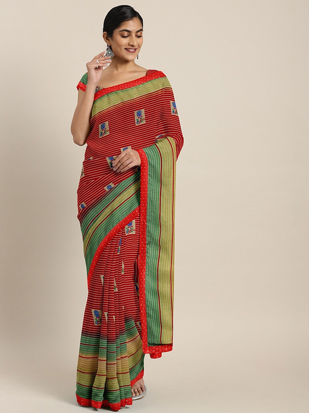 

SHAVYA Red & Green Floral Embroidered Pure Georgette Saree