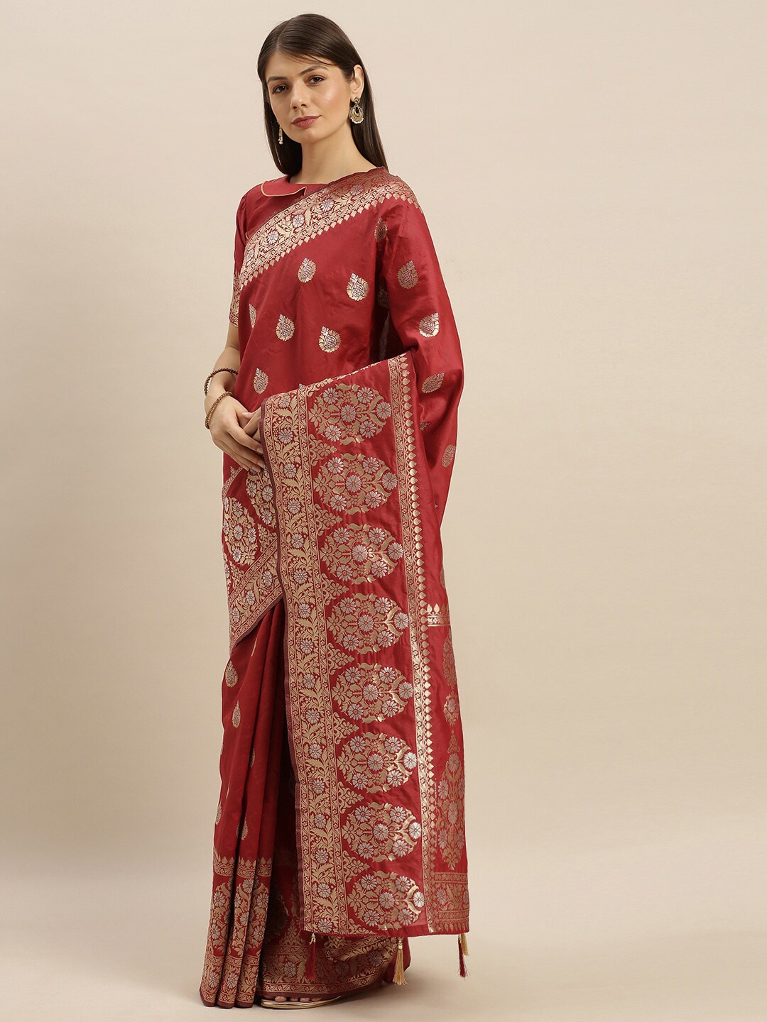 

SHAVYA Red & Gold-Toned Woven Design Zari Pure Silk Heavy Work Banarasi Saree