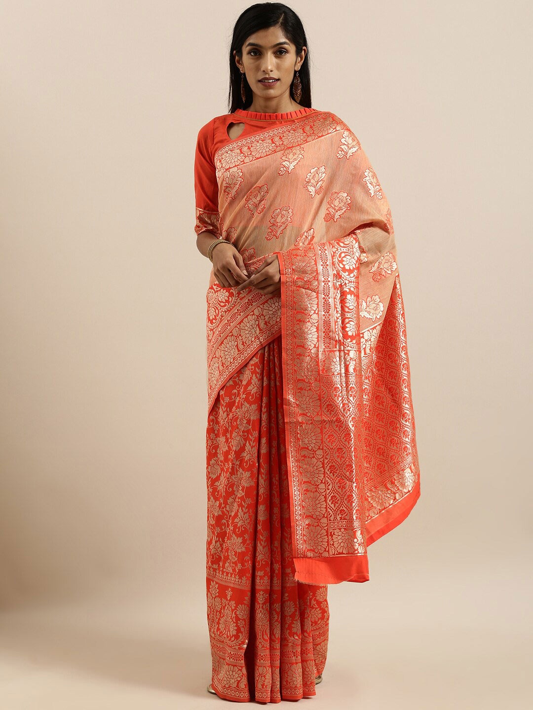 

SHAVYA Orange Woven Design Zari Silk Blend Banarasi Saree