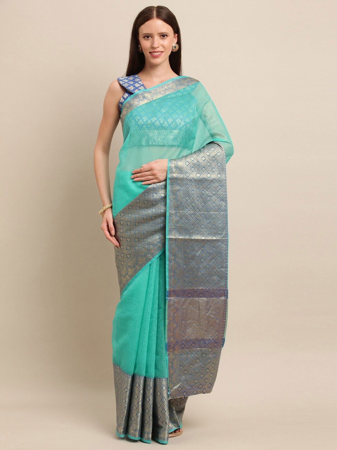 

SHAVYA Turquoise Blue Woven Design Zari Pure Cotton Banarasi Saree