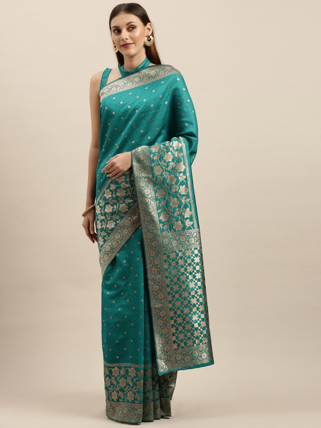 

SHAVYA Turquoise Blue & Gold-Toned Woven Design Zari Silk Blend Banarasi Saree