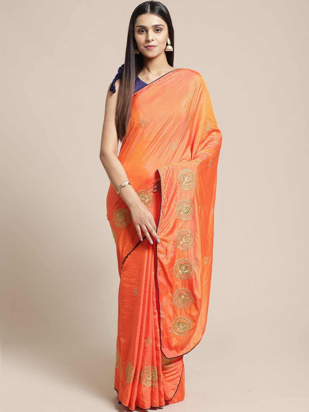 

SHAVYA Orange & Blue Ethnic Motifs Embroidered Silk Cotton Saree
