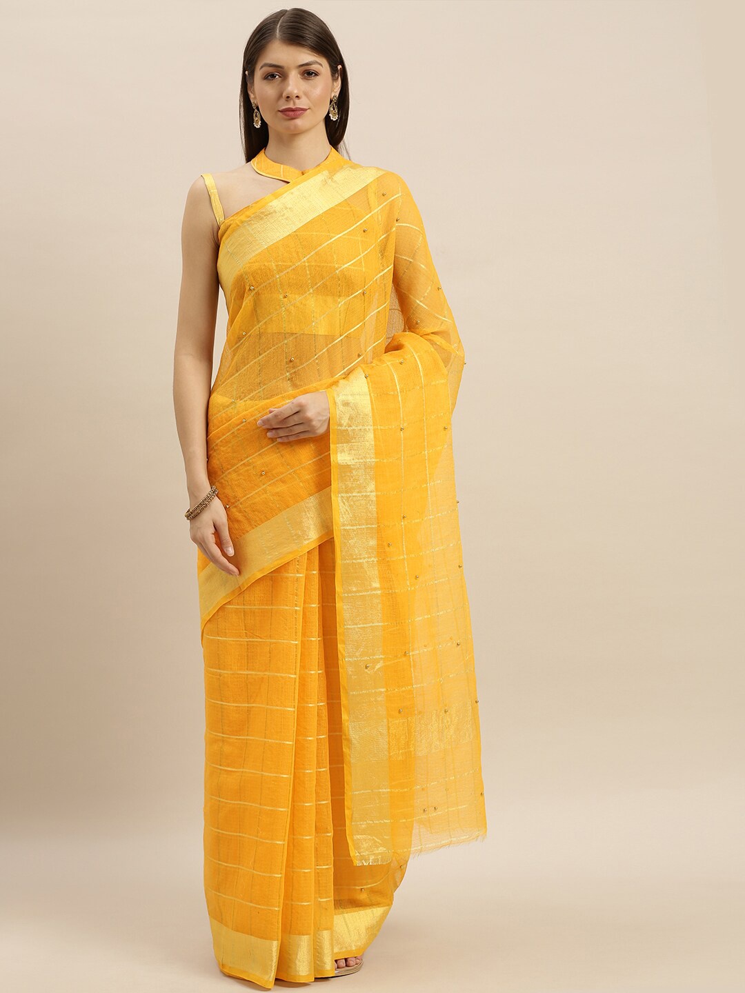 

SHAVYA Yellow Checked Beads and Stones Jute Cotton Kota Saree