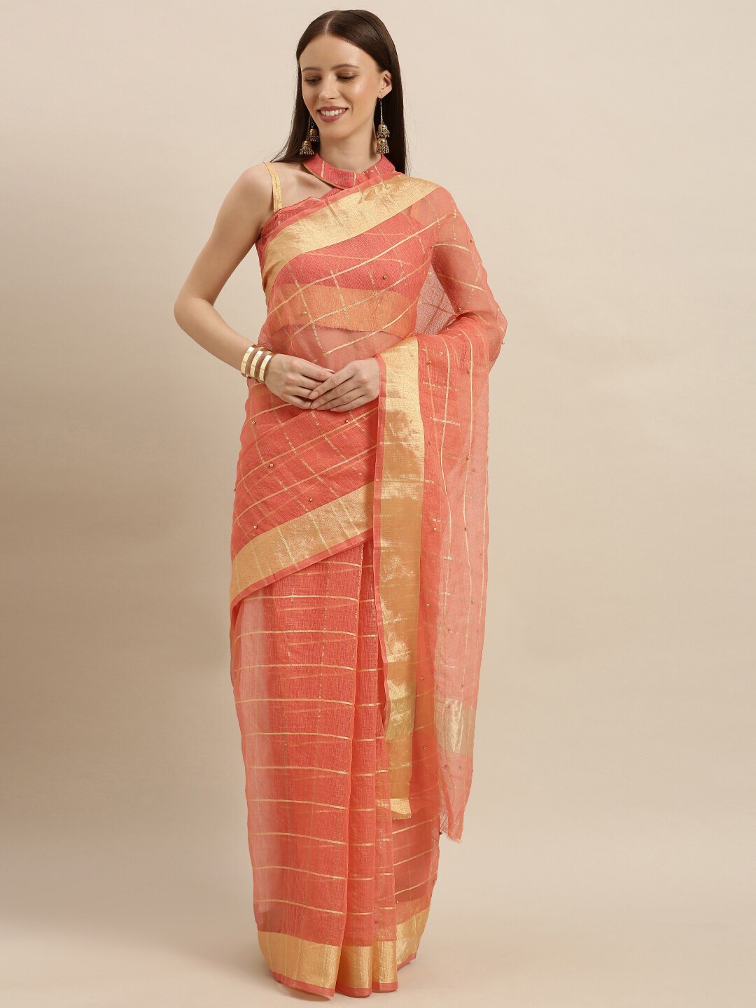 

SHAVYA Peach-Coloured Checked Beads and Stones Jute Cotton Kota Saree