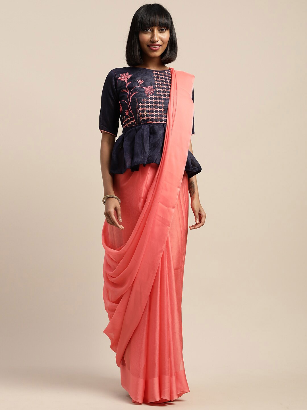 

SHAVYA Pink Embellished Embroidered Pure Chiffon Saree