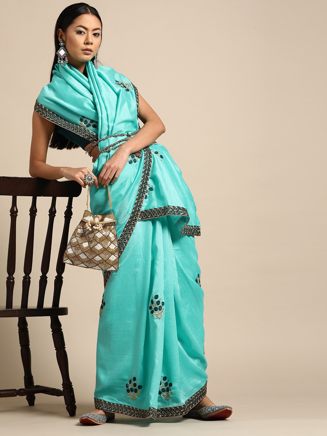 

SHAVYA Blue & Gold-Toned Embellished Embroidered Silk Blend Saree