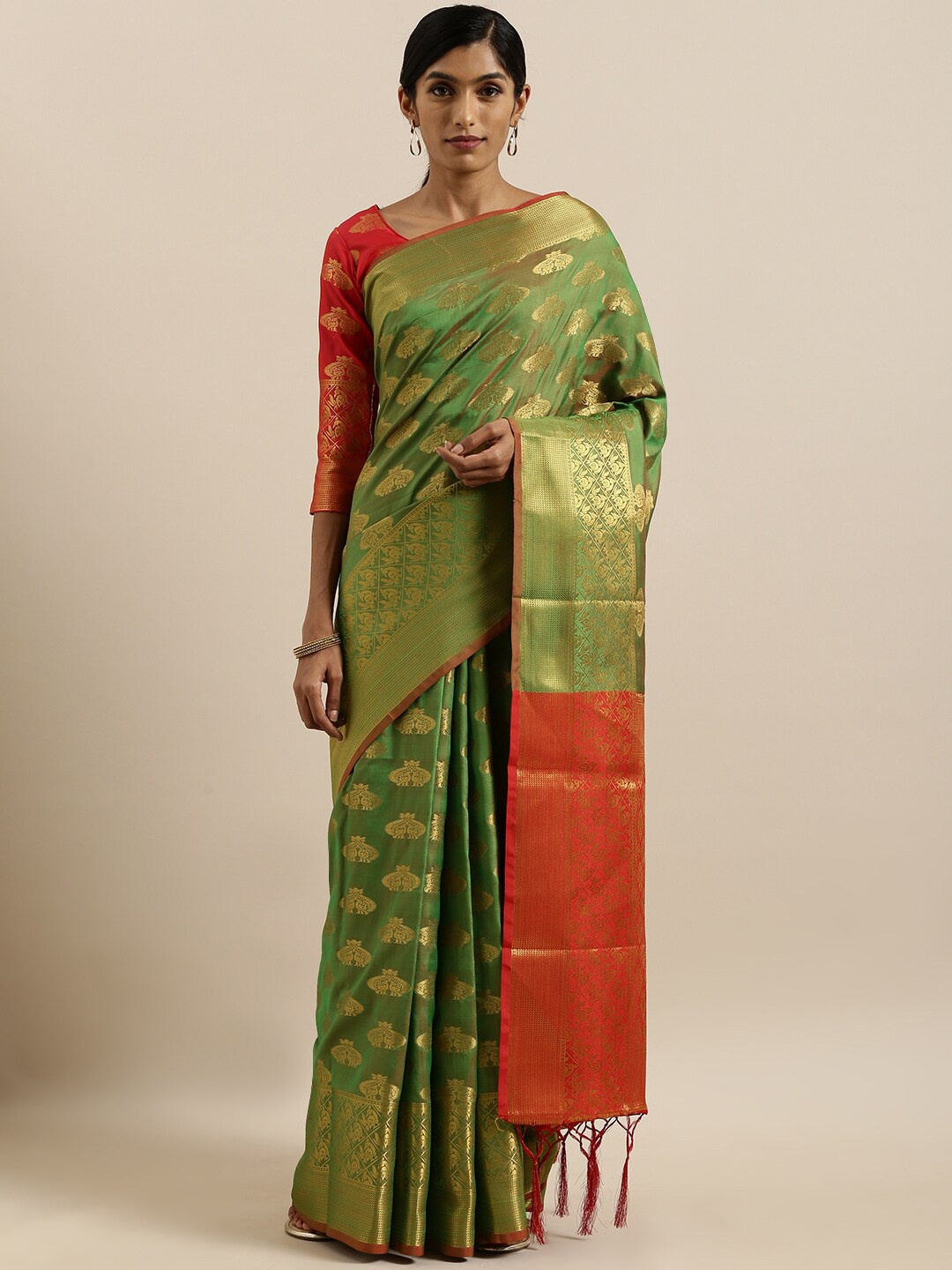 

SHAVYA Green & Orange Woven Design Zari Pure Silk Heavy Work Banarasi Saree