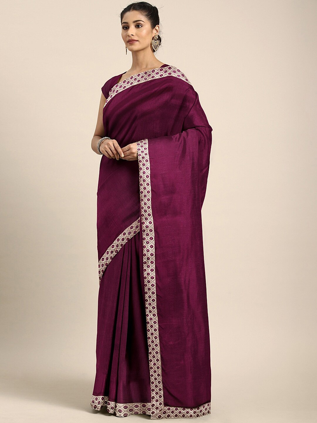 

SHAVYA Burgundy Embellished Embroidered Silk Blend Saree