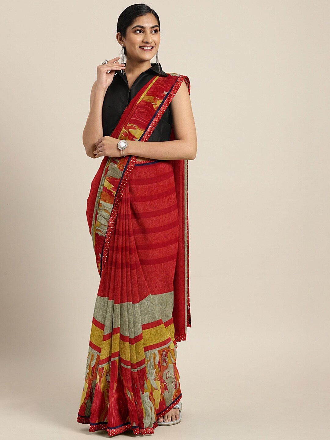

SHAVYA Red & Yellow Embroidered Pure Georgette Saree