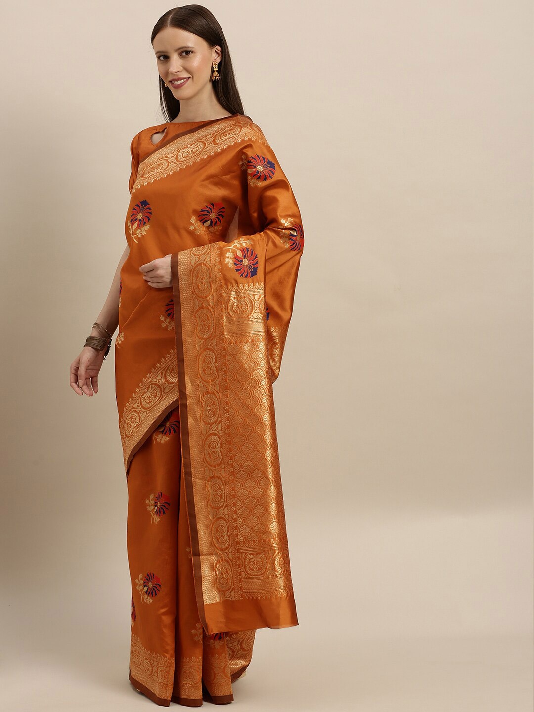

SHAVYA Orange & Gold-Toned Woven Design Zari Pure Silk Banarasi Saree