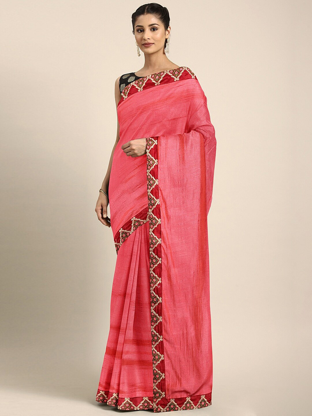 

SHAVYA Pink Embroidered Silk Blend Saree
