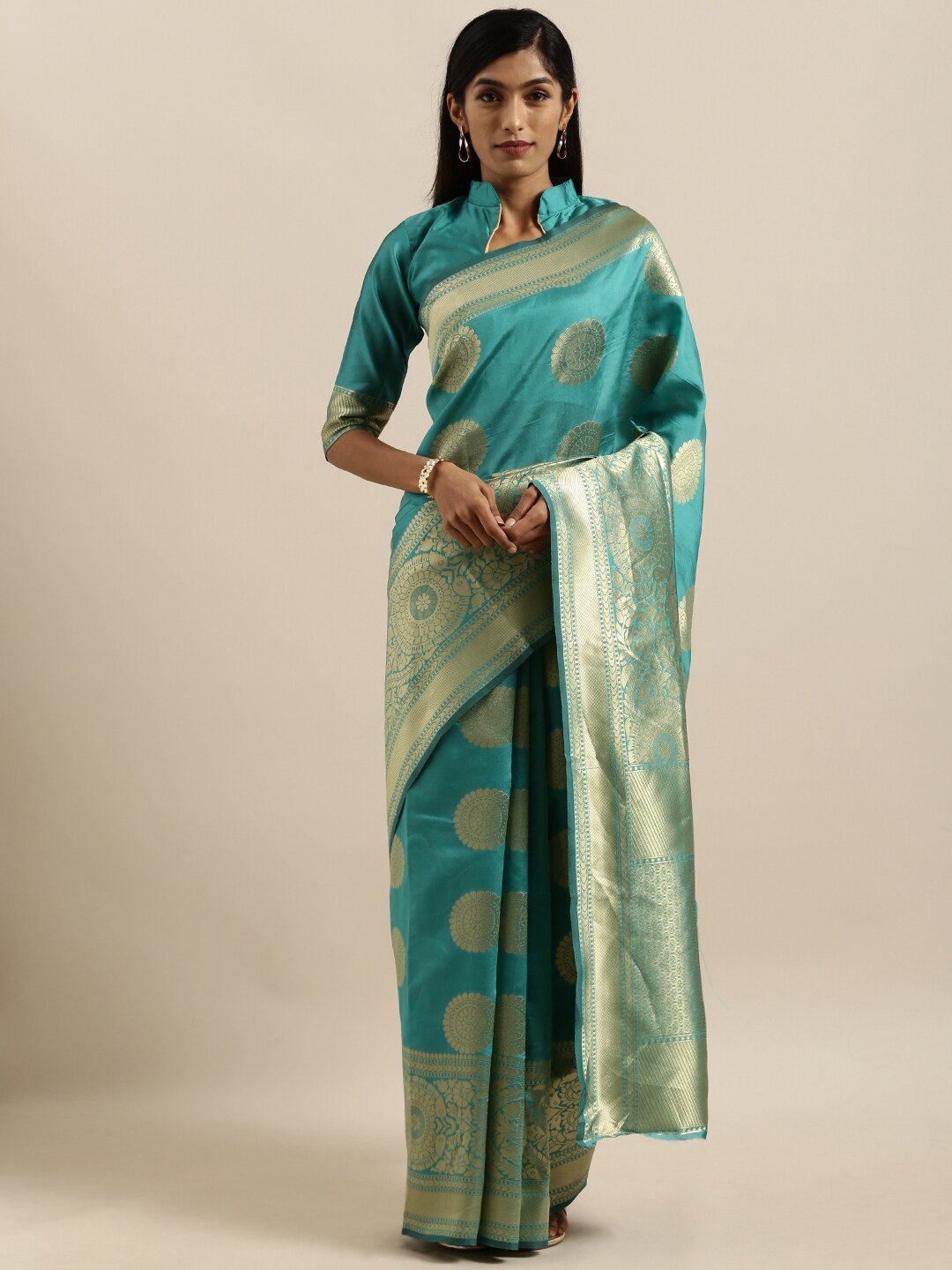 

SHAVYA Turquoise Blue & Gold-Toned Woven Design Zari Pure Silk Heavy Work Banarasi Saree
