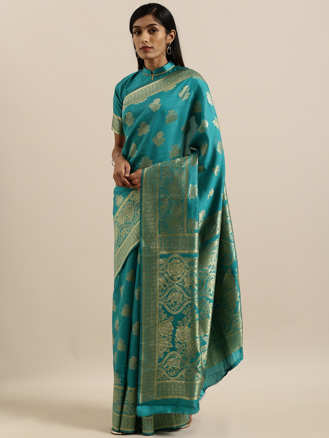 

SHAVYA Turquoise Blue & Gold-Toned Woven Design Zari Pure Linen Banarasi Saree