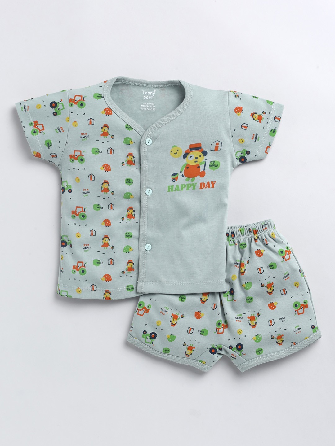 

Toonyport Kids Green Printed Pure Cotton Jhabla with Shorts
