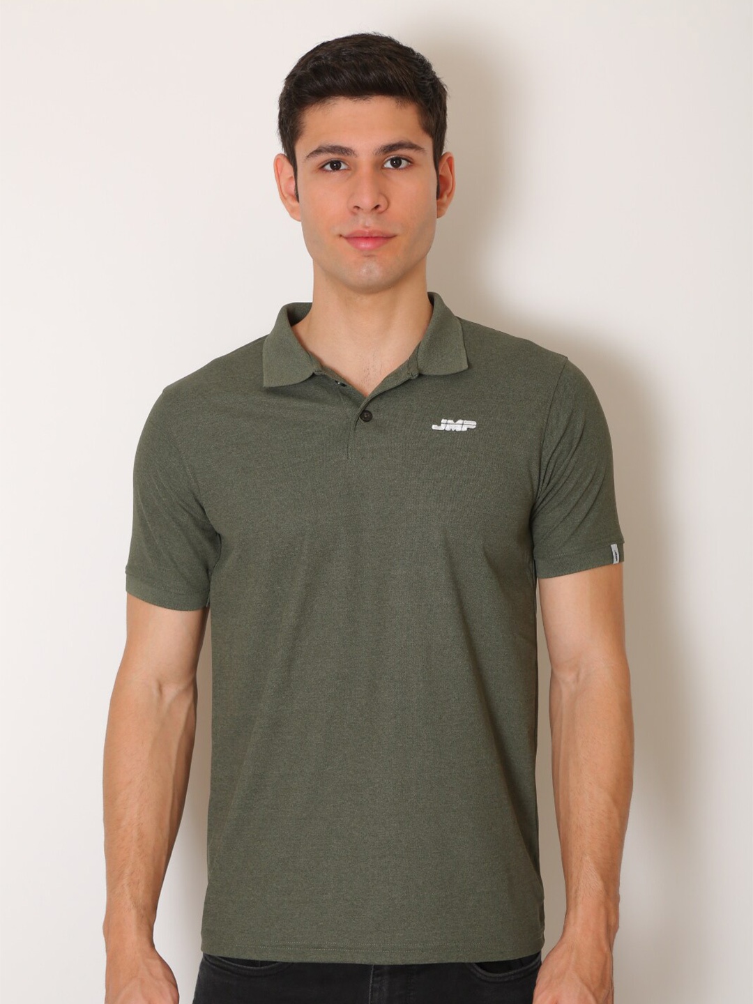 

JMP Men Olive Green Henley Neck Applique Slim Fit T-shirt