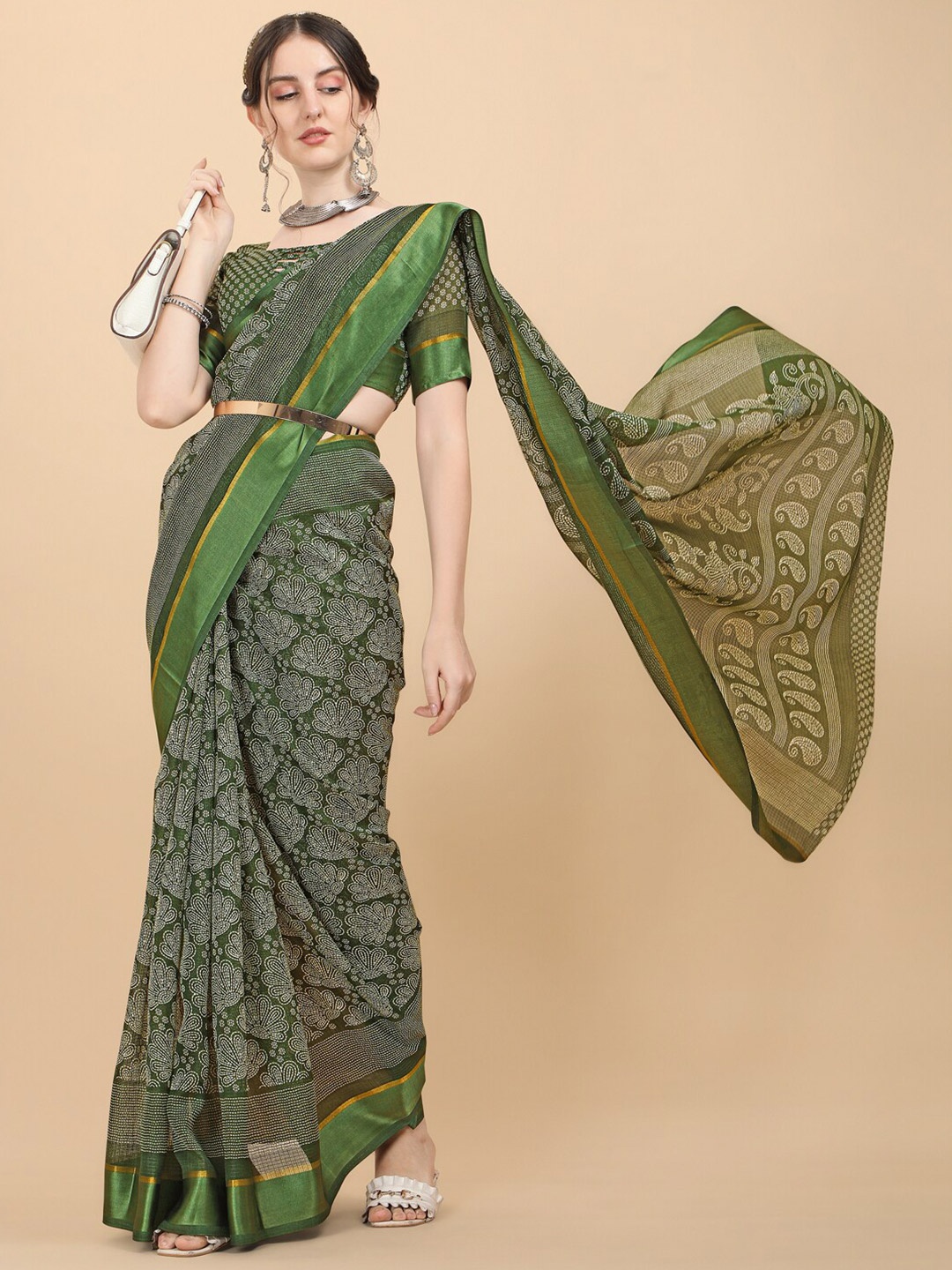 

KALINI Green & White Floral Kota Saree
