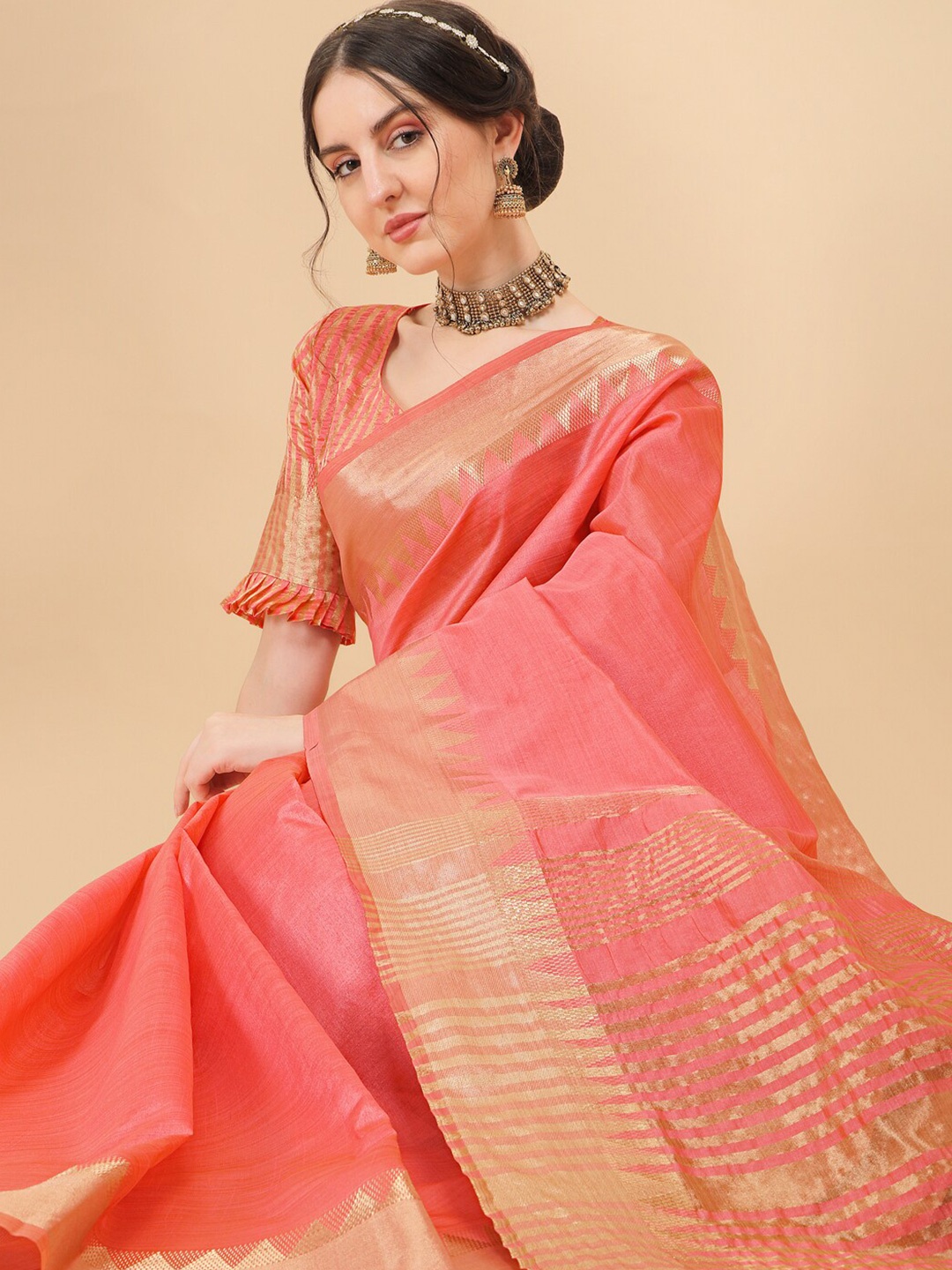 

KALINI Woven Design Embellished Zari Silk Blend Banarasi Saree, Pink