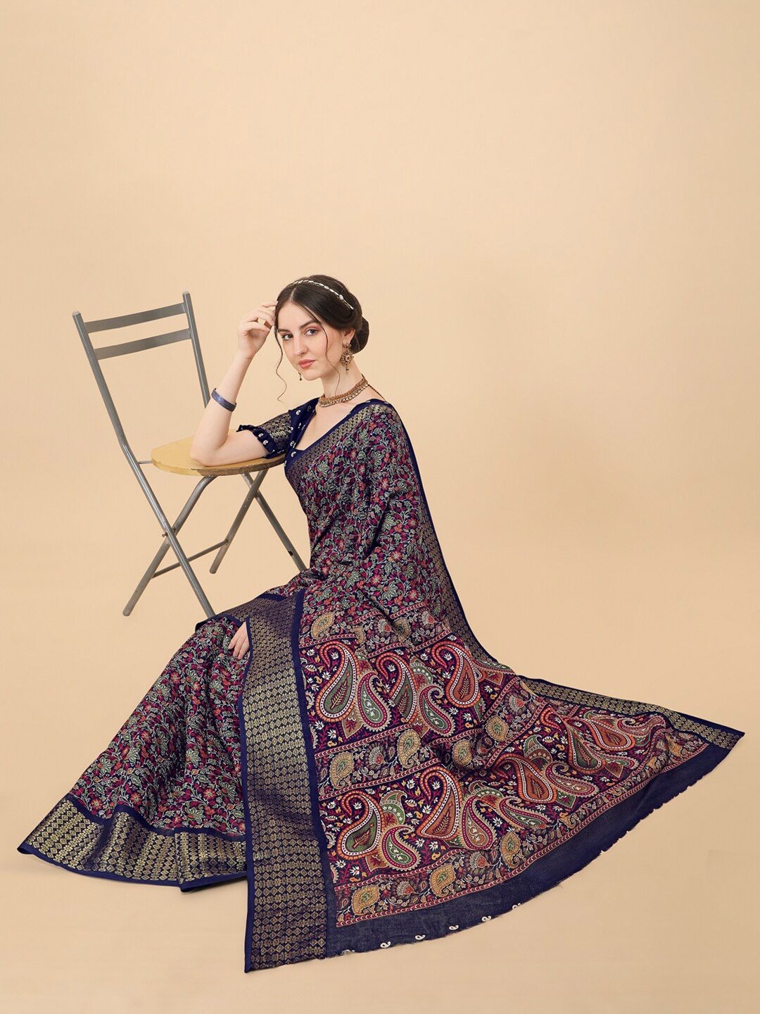 

KALINI Navy Blue & Red Floral Kota Saree