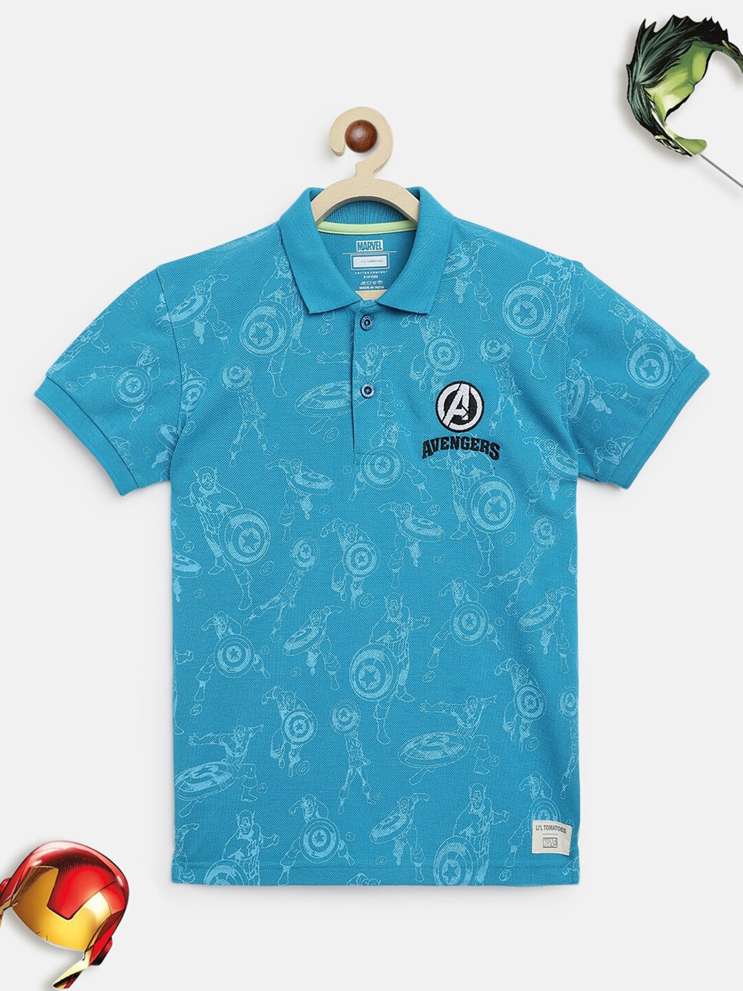 

Lil Tomatoes Boys Turquoise Blue Avengers Printed Polo Collar T-shirt