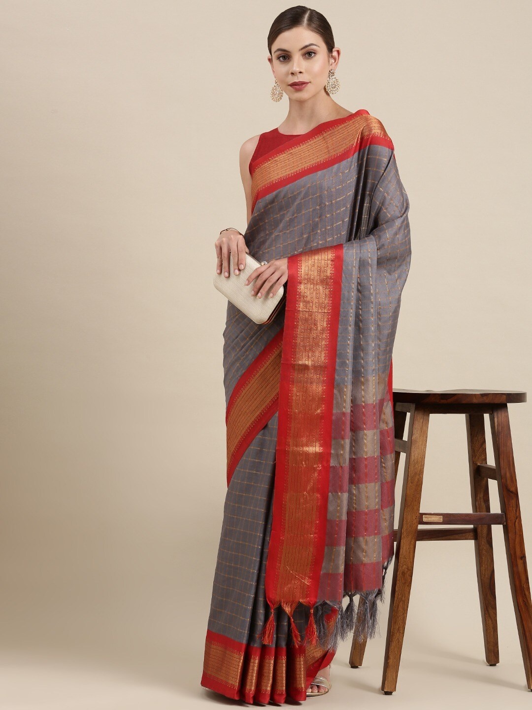 

KALINI Grey & Gold-Toned Checked Zari Silk Cotton Uppada Saree