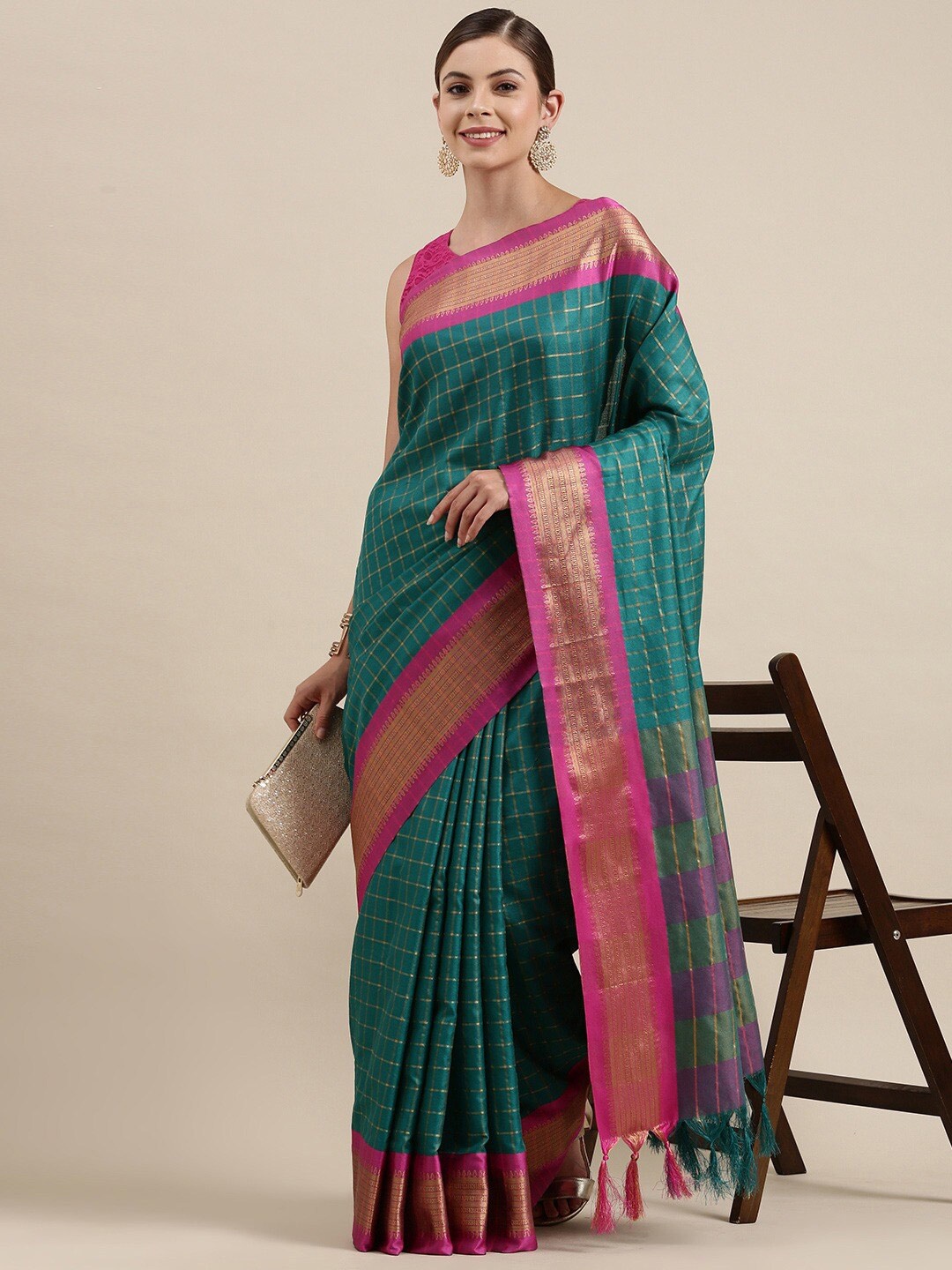 

KALINI Teal & Pink Checked Zari Silk Cotton Uppada Saree