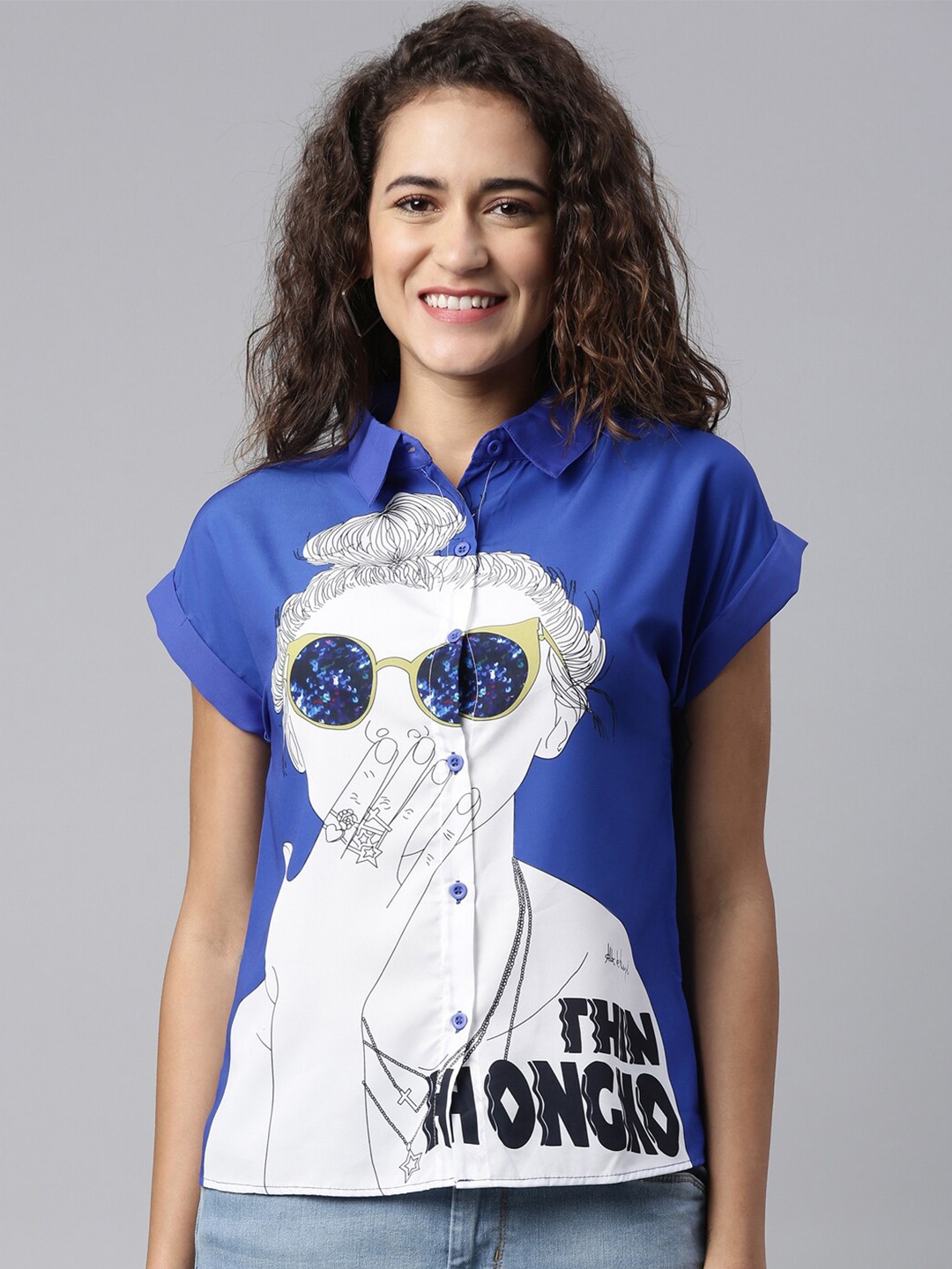 

LAYA Blue & magnolia Print Extended Sleeves Shirt Style Top