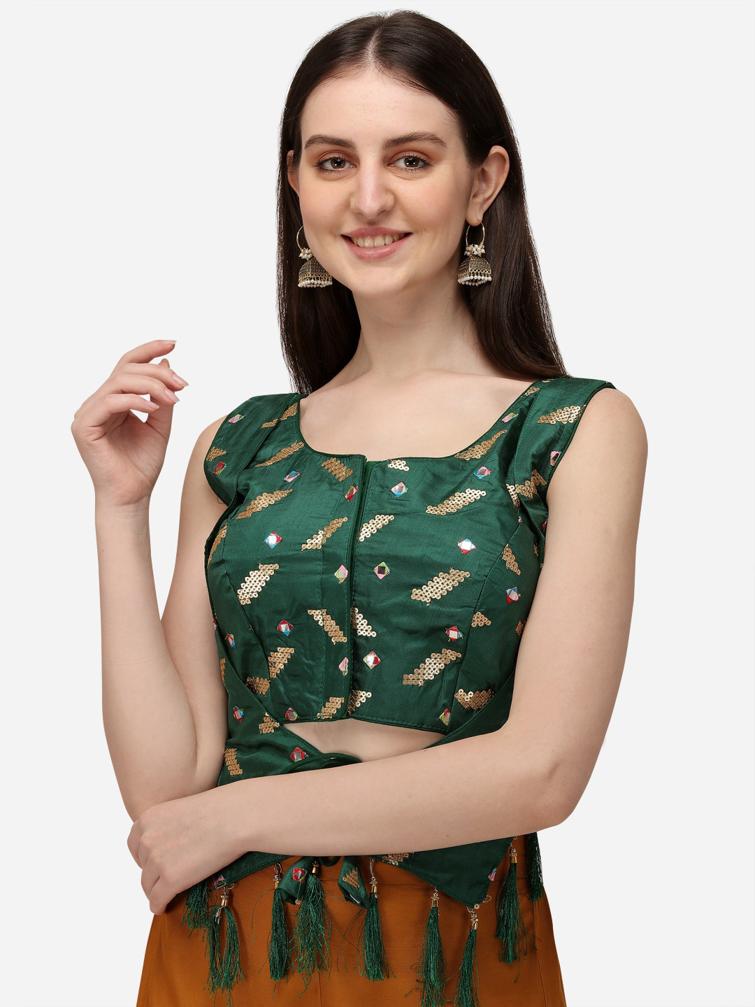 

Fab Viva Green & Gold-Colored Embroidered Silk Saree Blouse