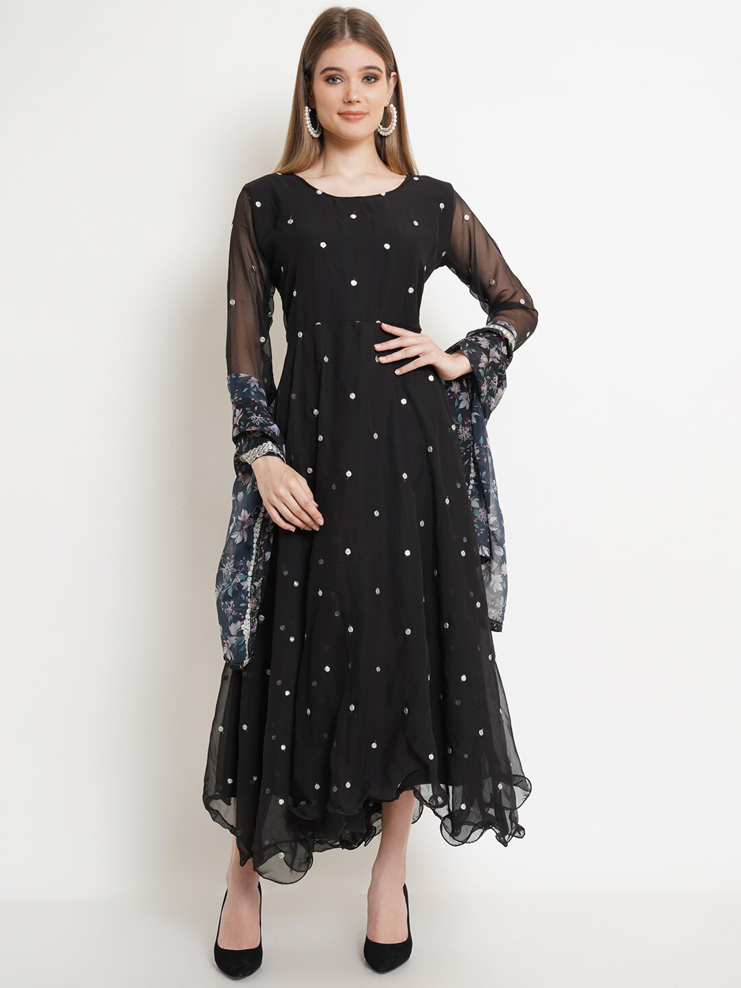 

Purple State Women Black Embroidered Kurta With Dupatta