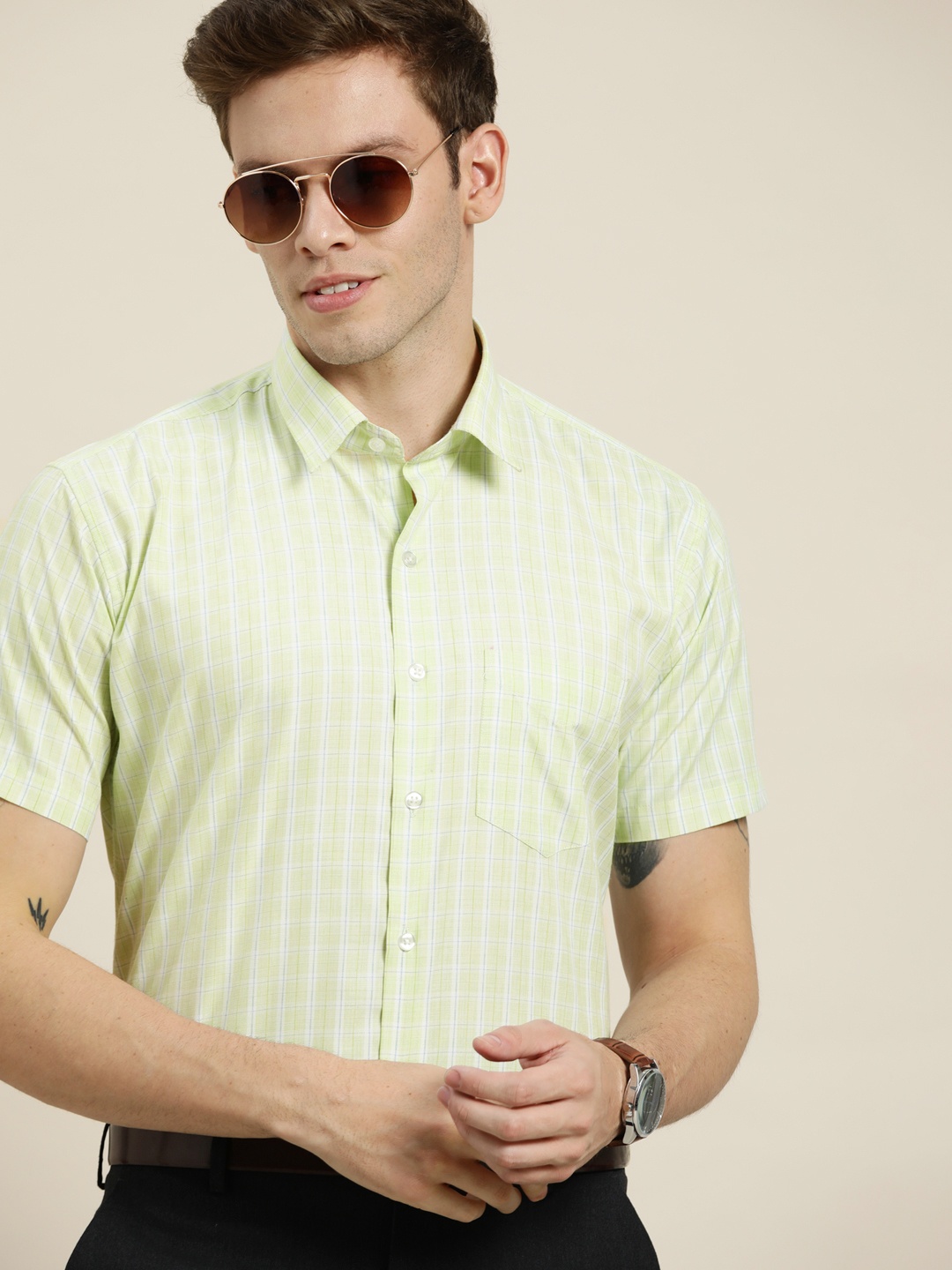 

Hancock Men Lime Green & White Slim Fit Checked Formal Shirt