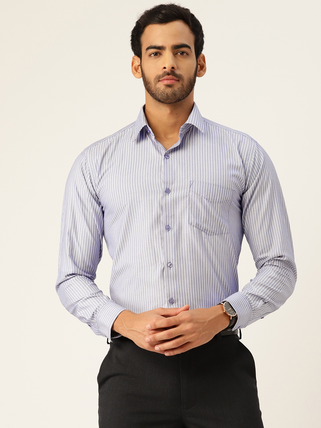 

English Navy Men Blue & White Slim Fit Striped Formal Shirt